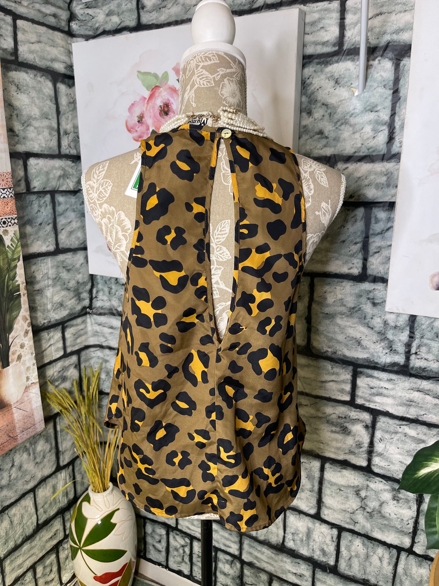 Mumu Green Black Print Blouse Women sz Medium