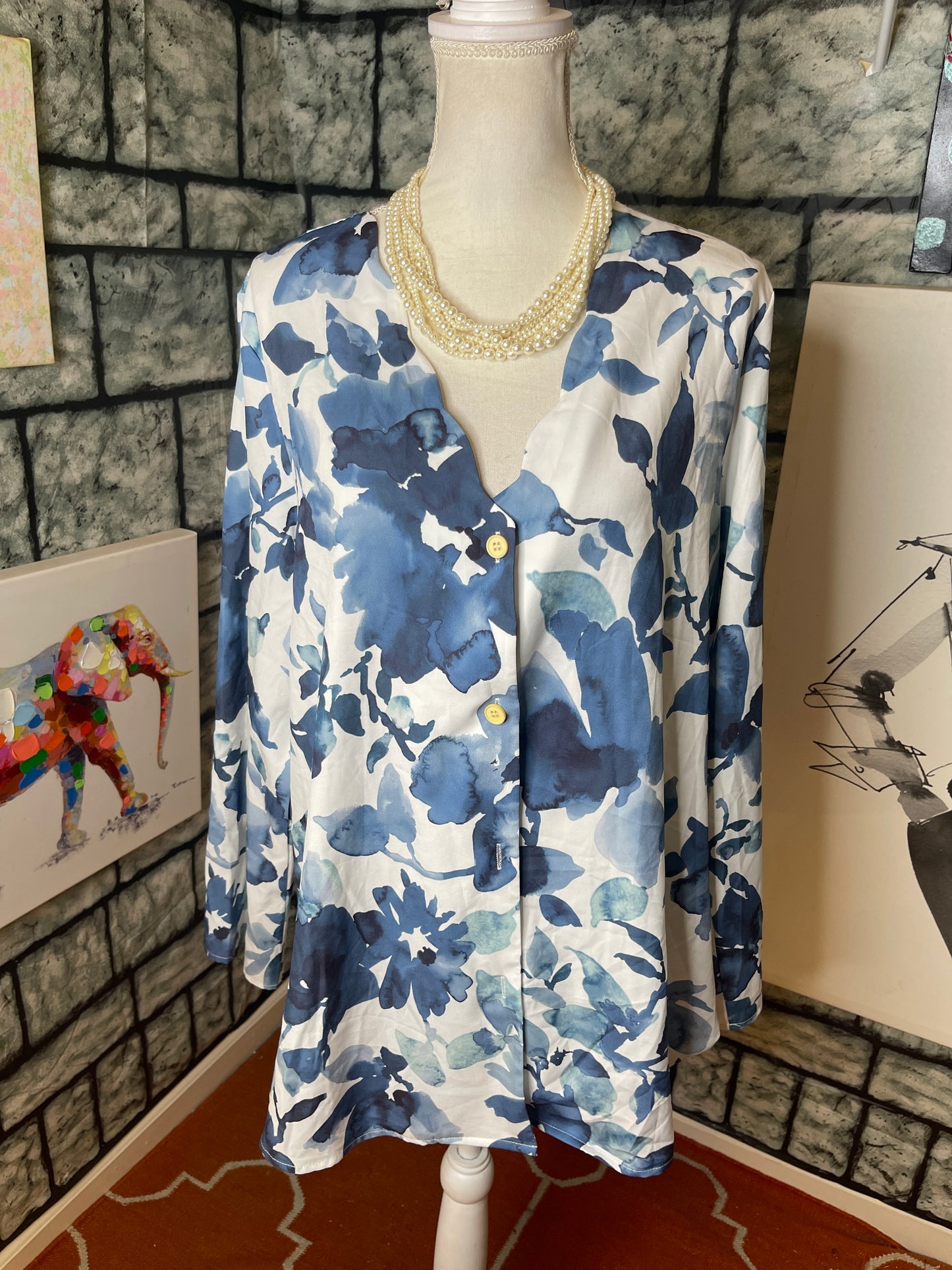Noracora Blue White Button Blouse Women sz XL