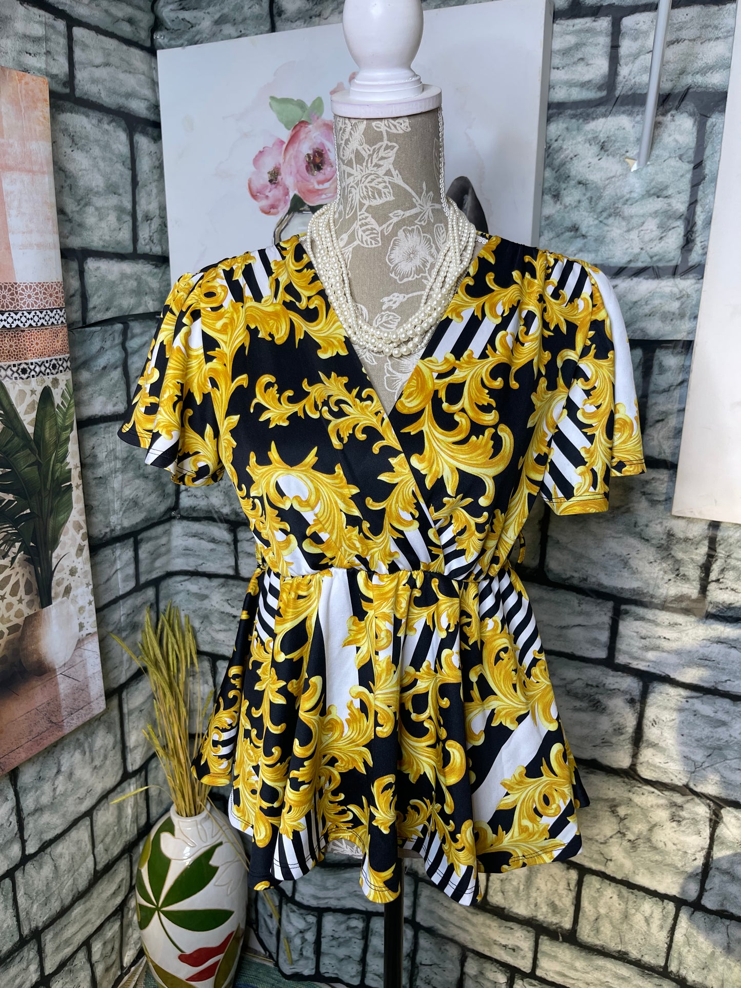 Emperice Yellow Black Blouse Women sz Medium