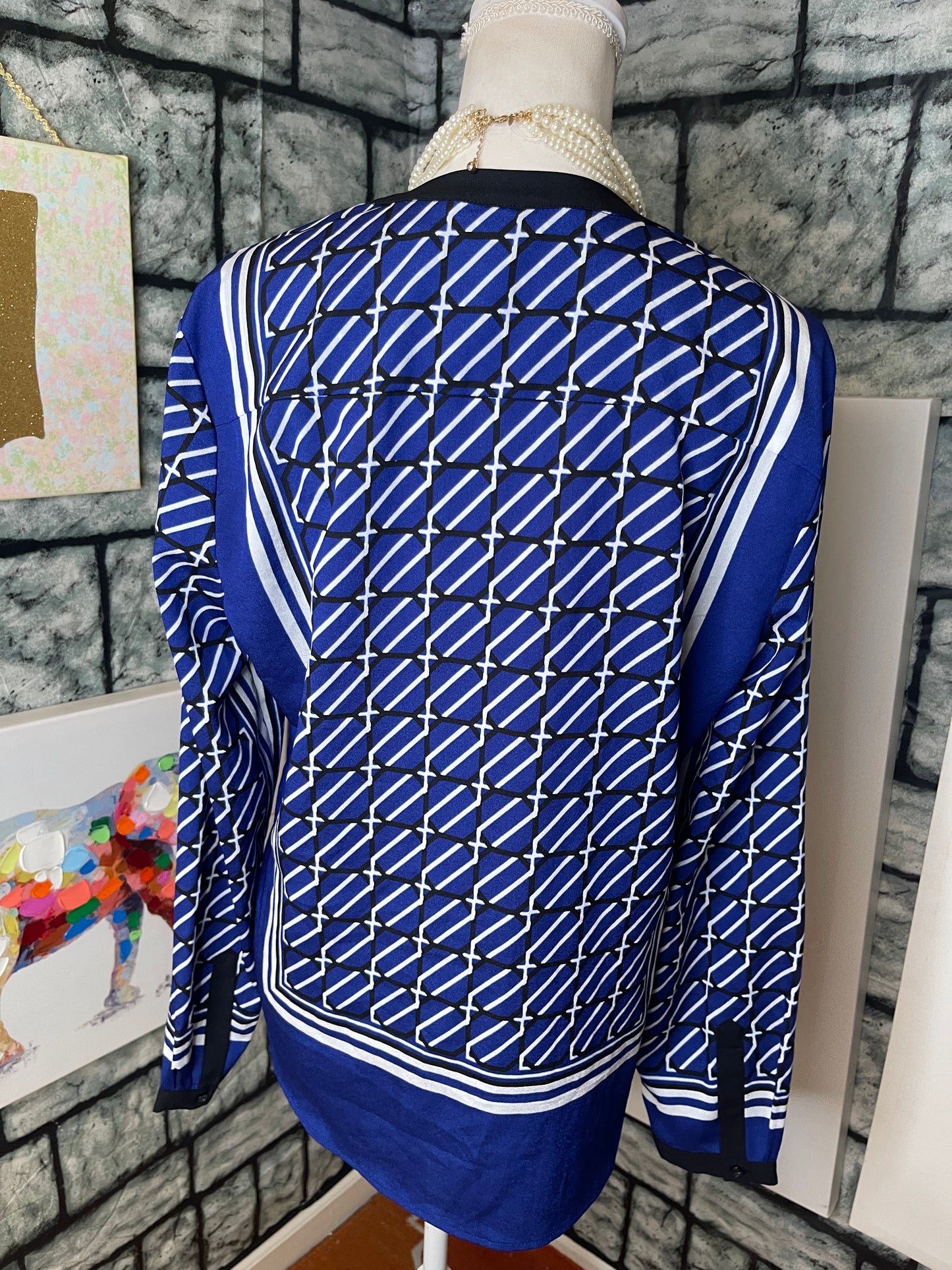 New York & Co Blue White Blouse Women sz Large