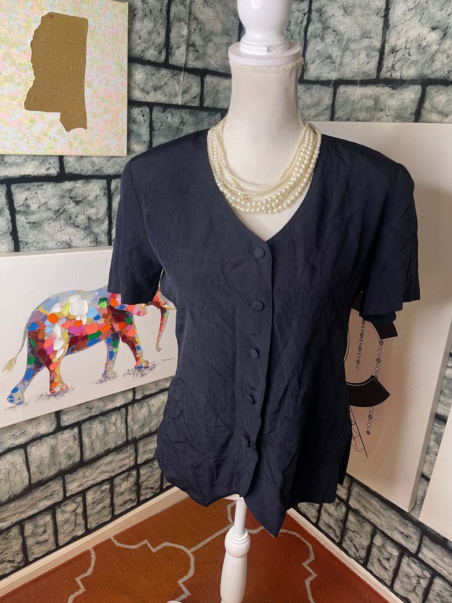 Ellen Figg Black Button Blouse Women sz 8