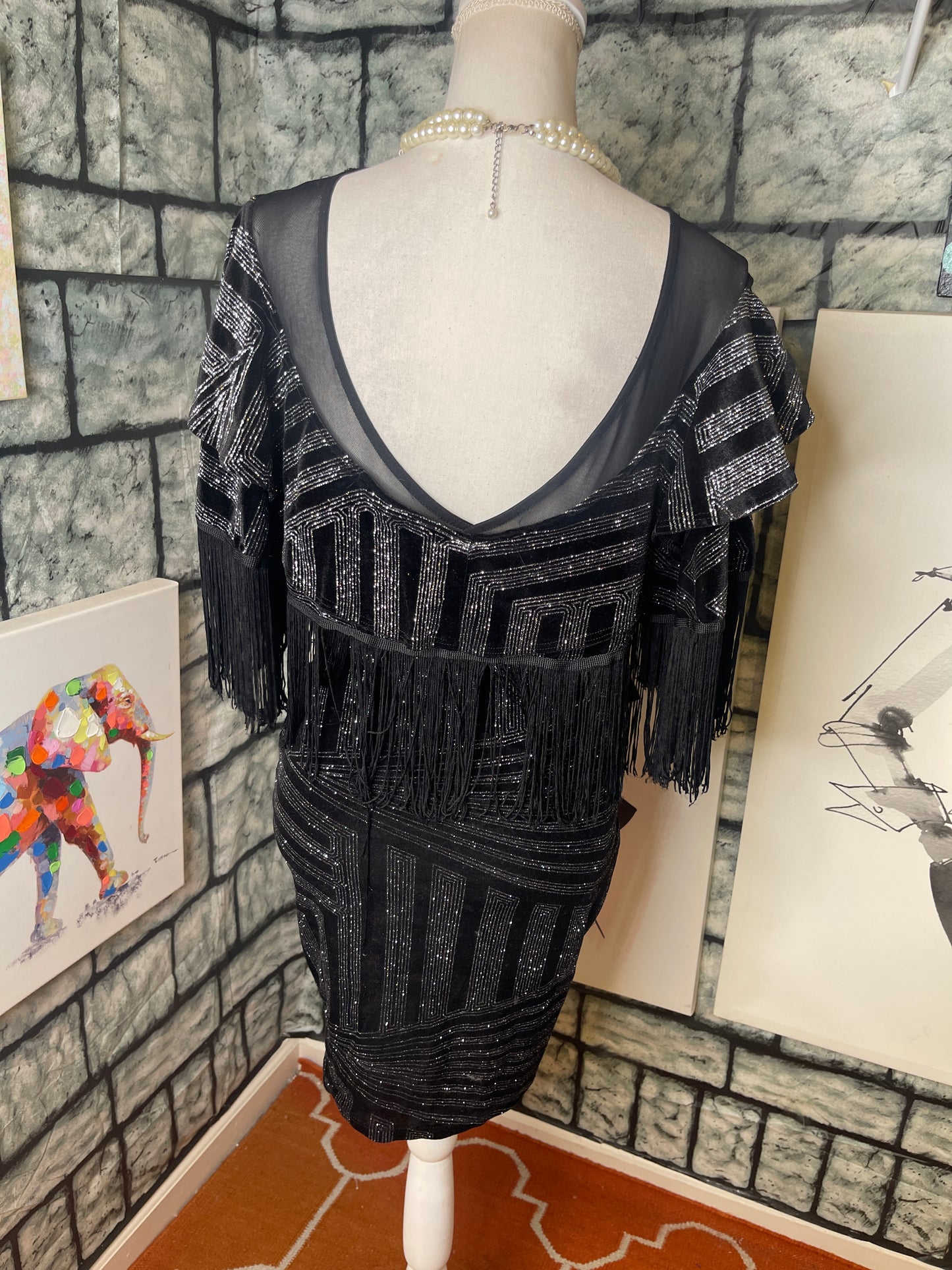 Monaco black silver fringe dress women sz Large