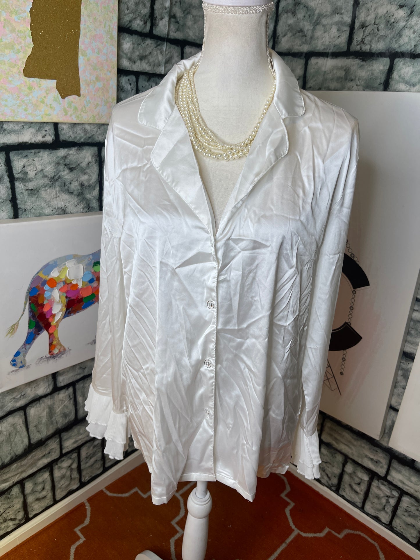 White Silk Button Blouse Women sz Large