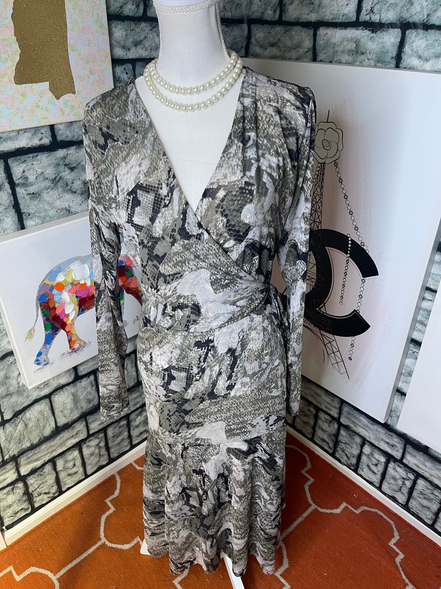 White House Black Market Green Gray Dress Women sz 14