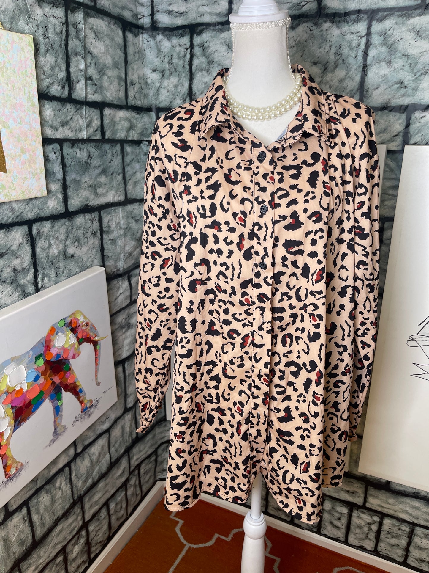 Boohoo Tan Animal Print Button Blouse Women sz 16