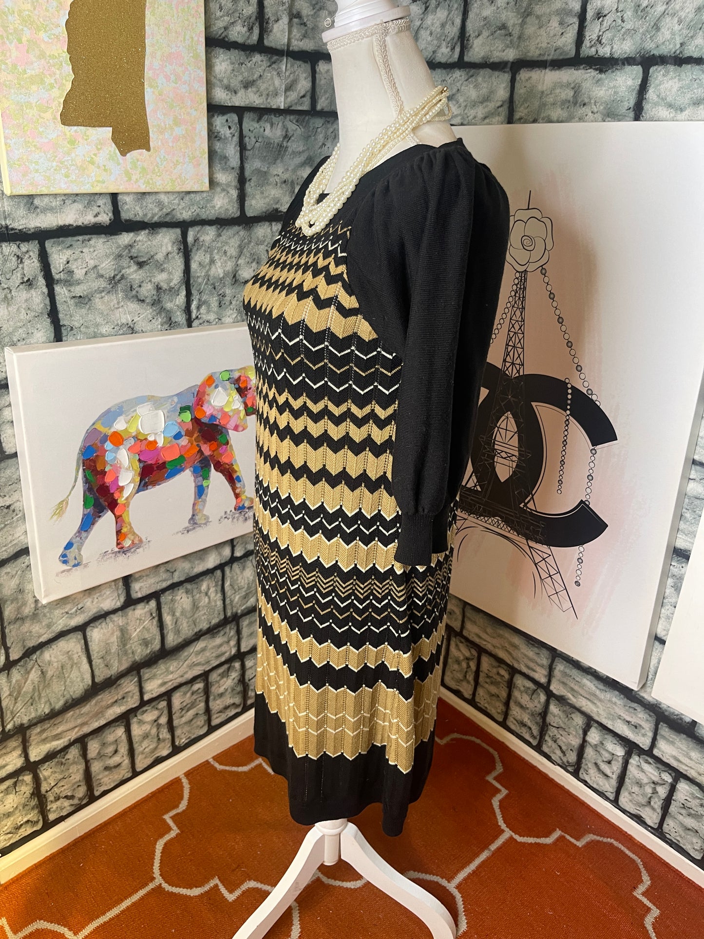 New Directions Tan Black Sweater Dress Women sz Medium