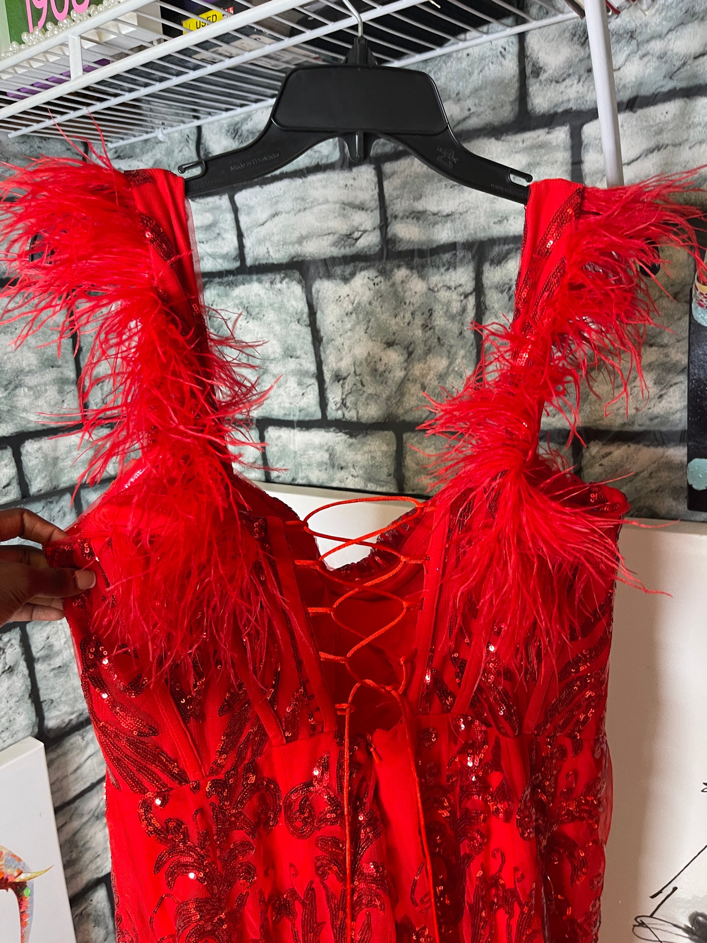Zapaka Red Sequin Fur Formal Dress Women sz 20
