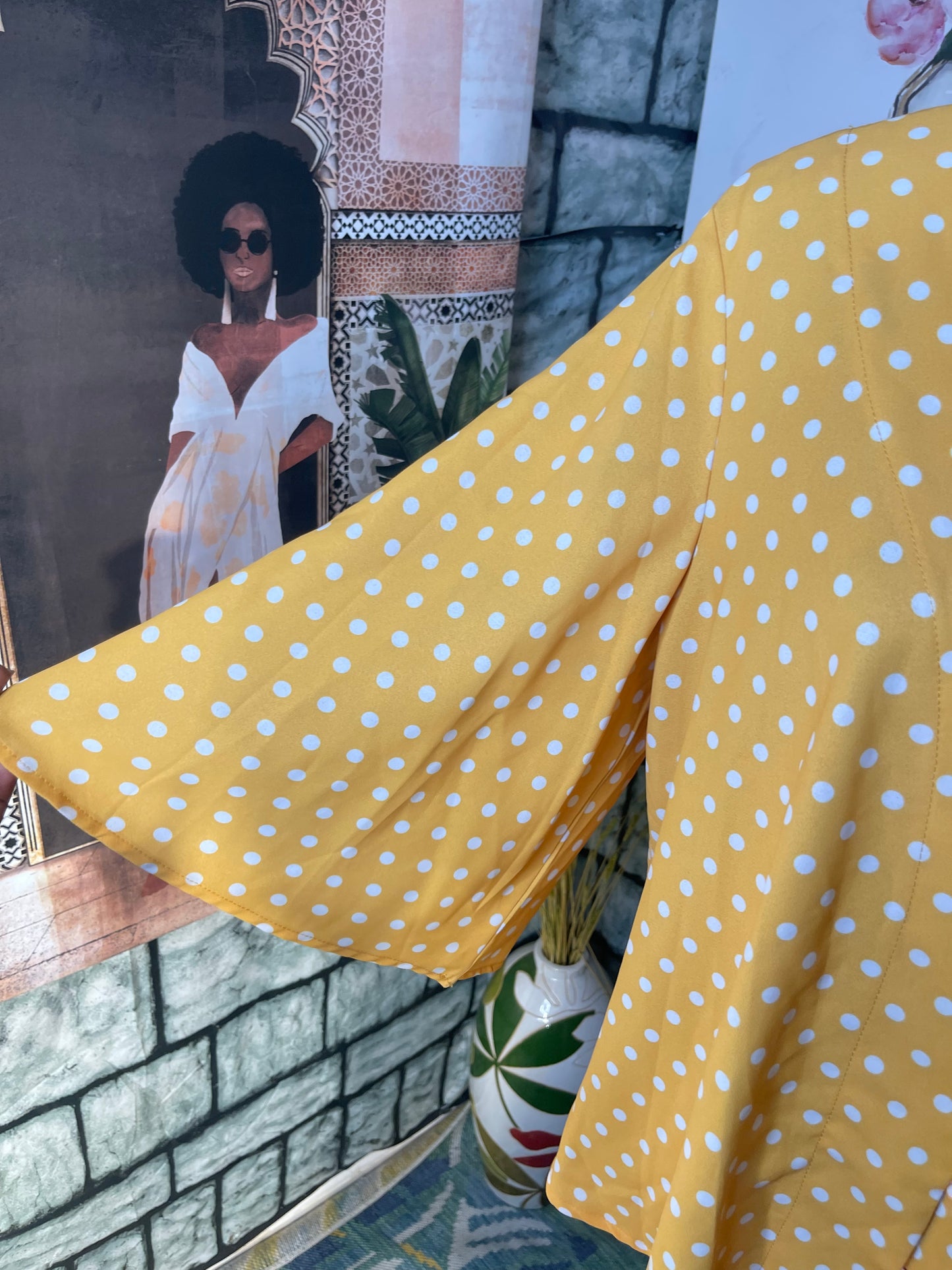 Yellow White Polka Dot Blouse Women sz XL