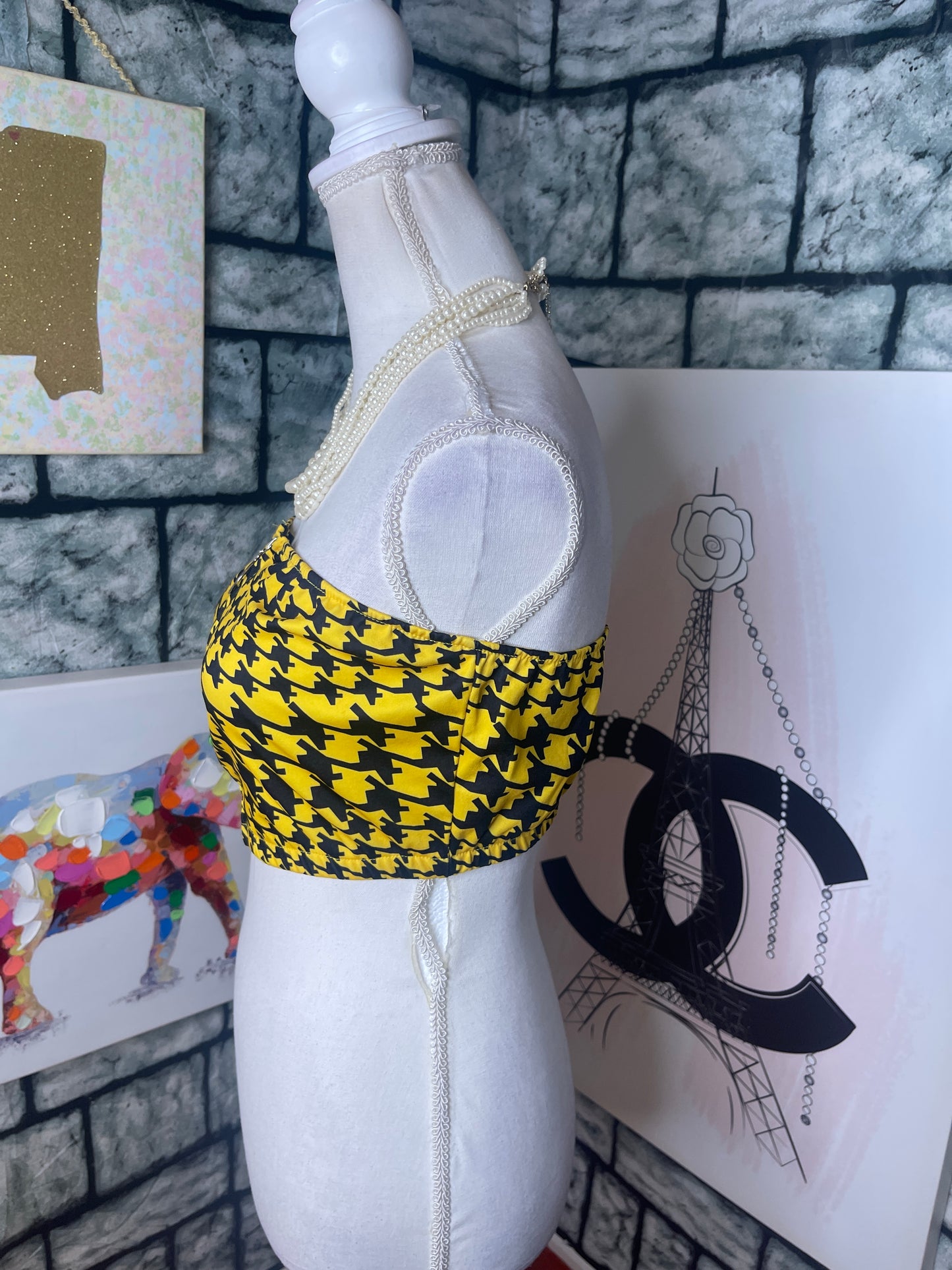 Yellow black crop top blouse women sz small