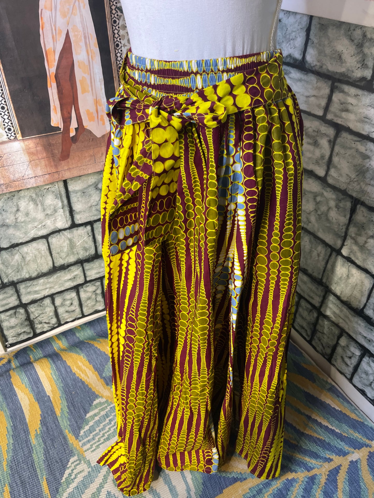 NEW African Print Skirt Yellow Burgundy Women sz One Size (BEST FITs UP to Large)
