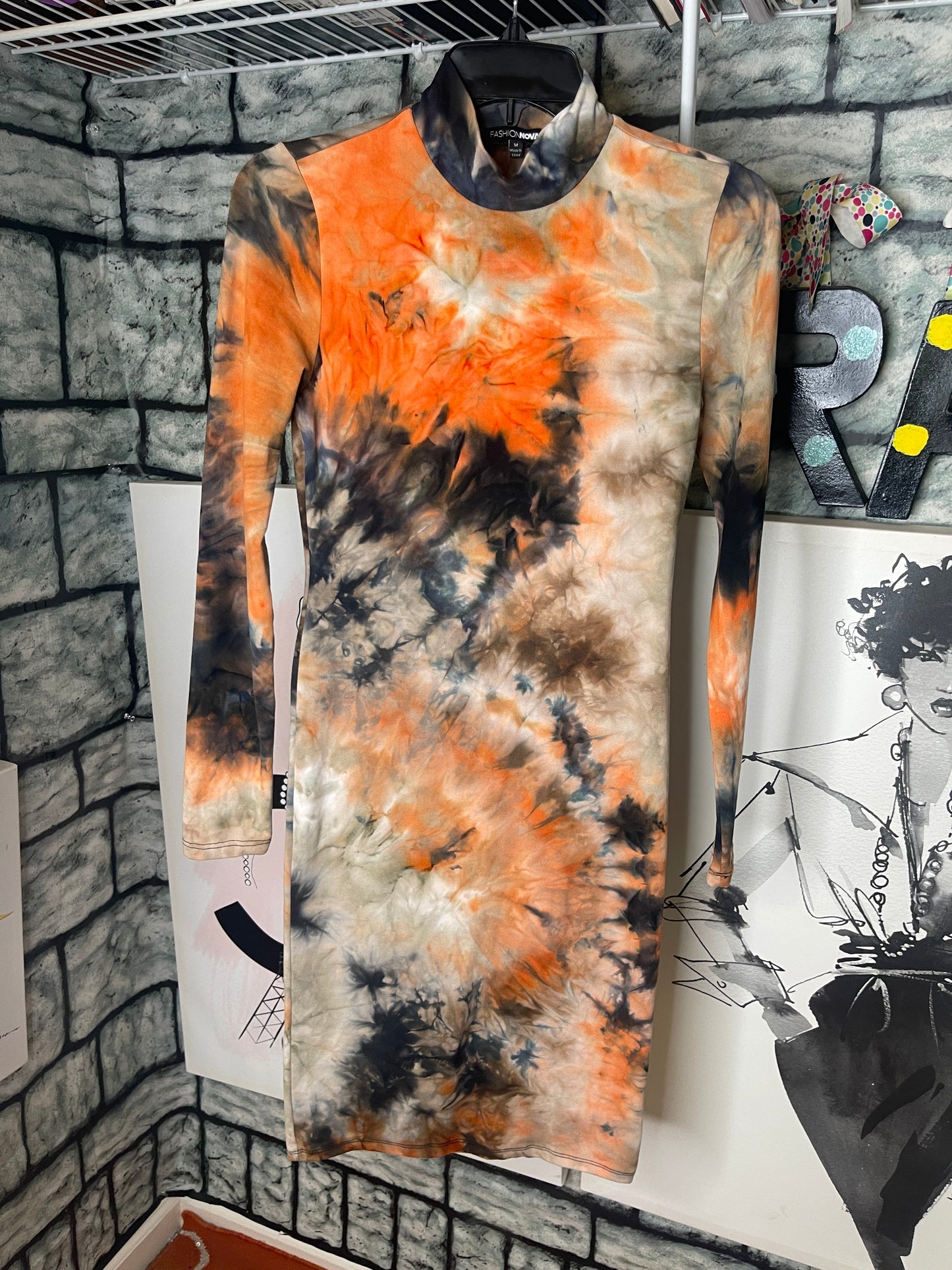 Fashion Nova Orange and Blue Tie-Dye Dress Women Sz Medium