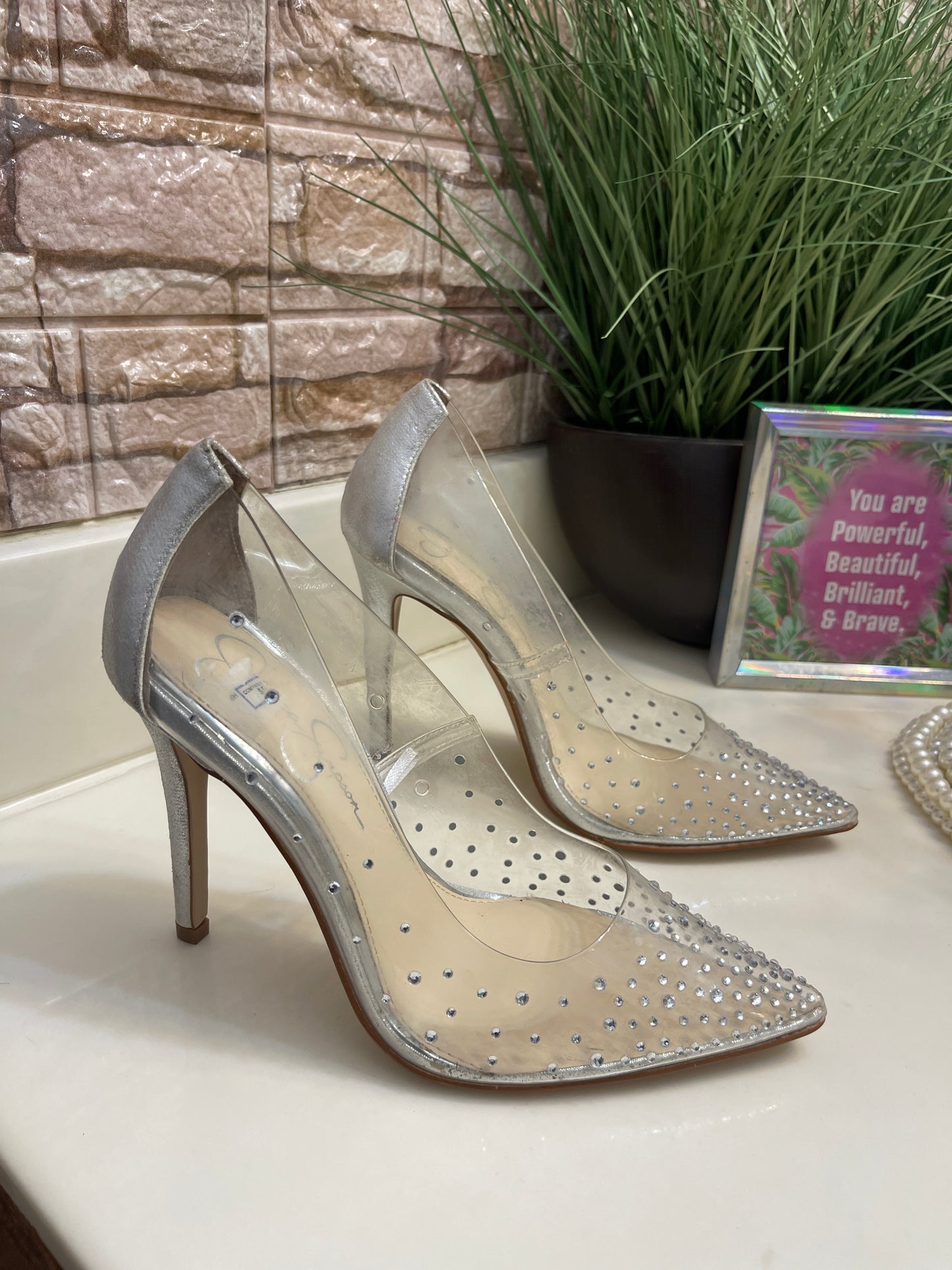 Jessica Simpson Clear Silver Heels Women sz 7.5