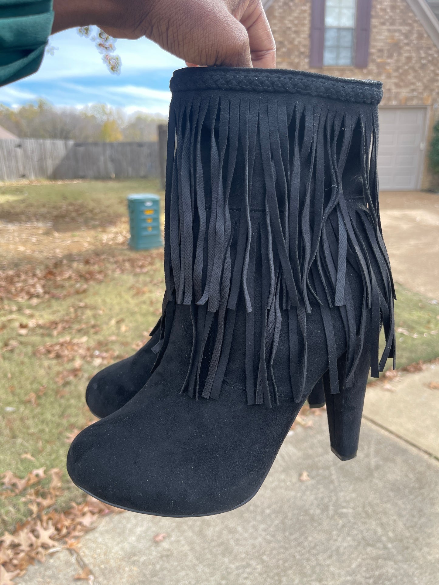 Black fringe heels boots women sz 11