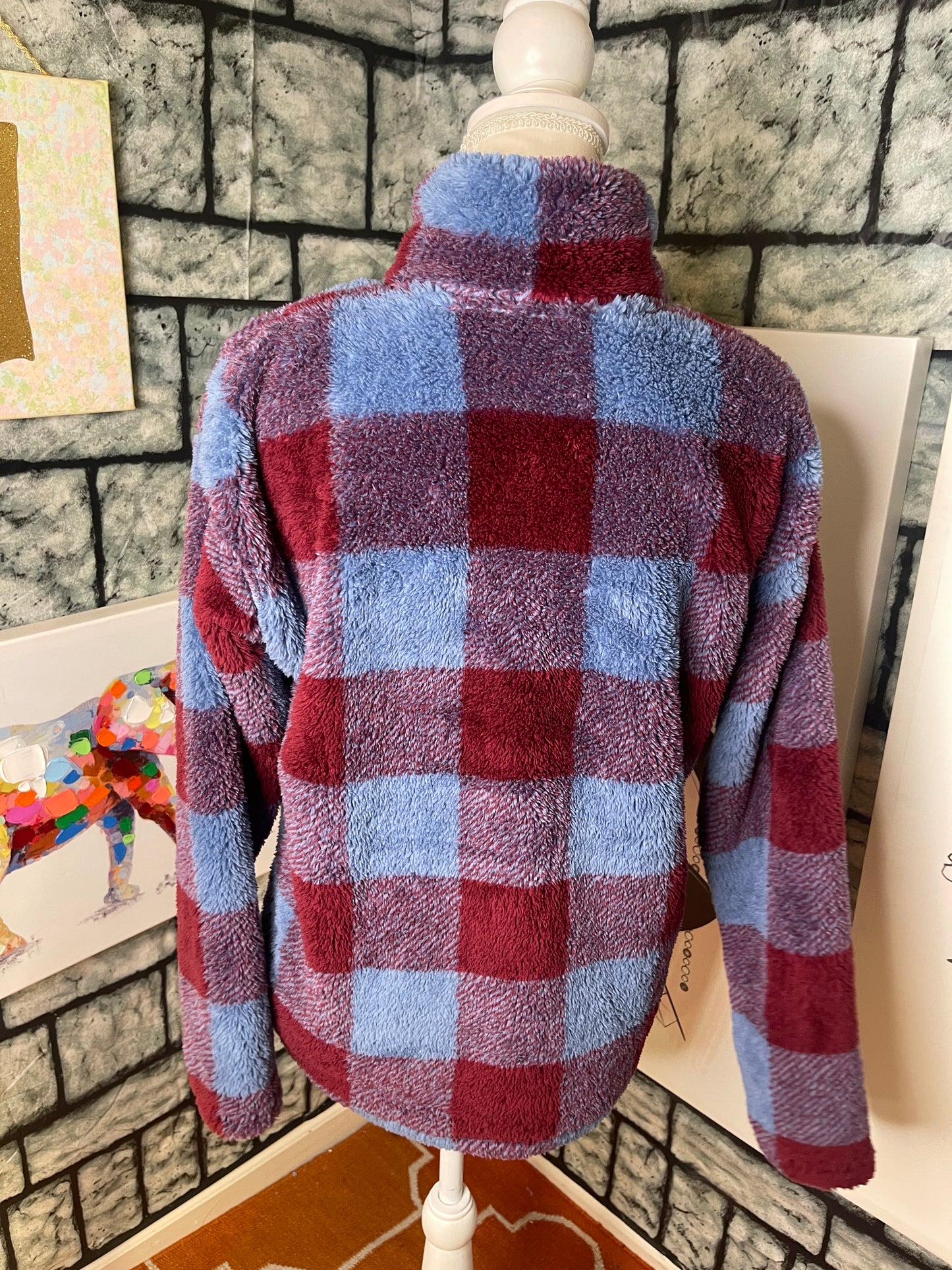 Eddie Bauer Red Blue Fuzzy Pullover Women sz Medium