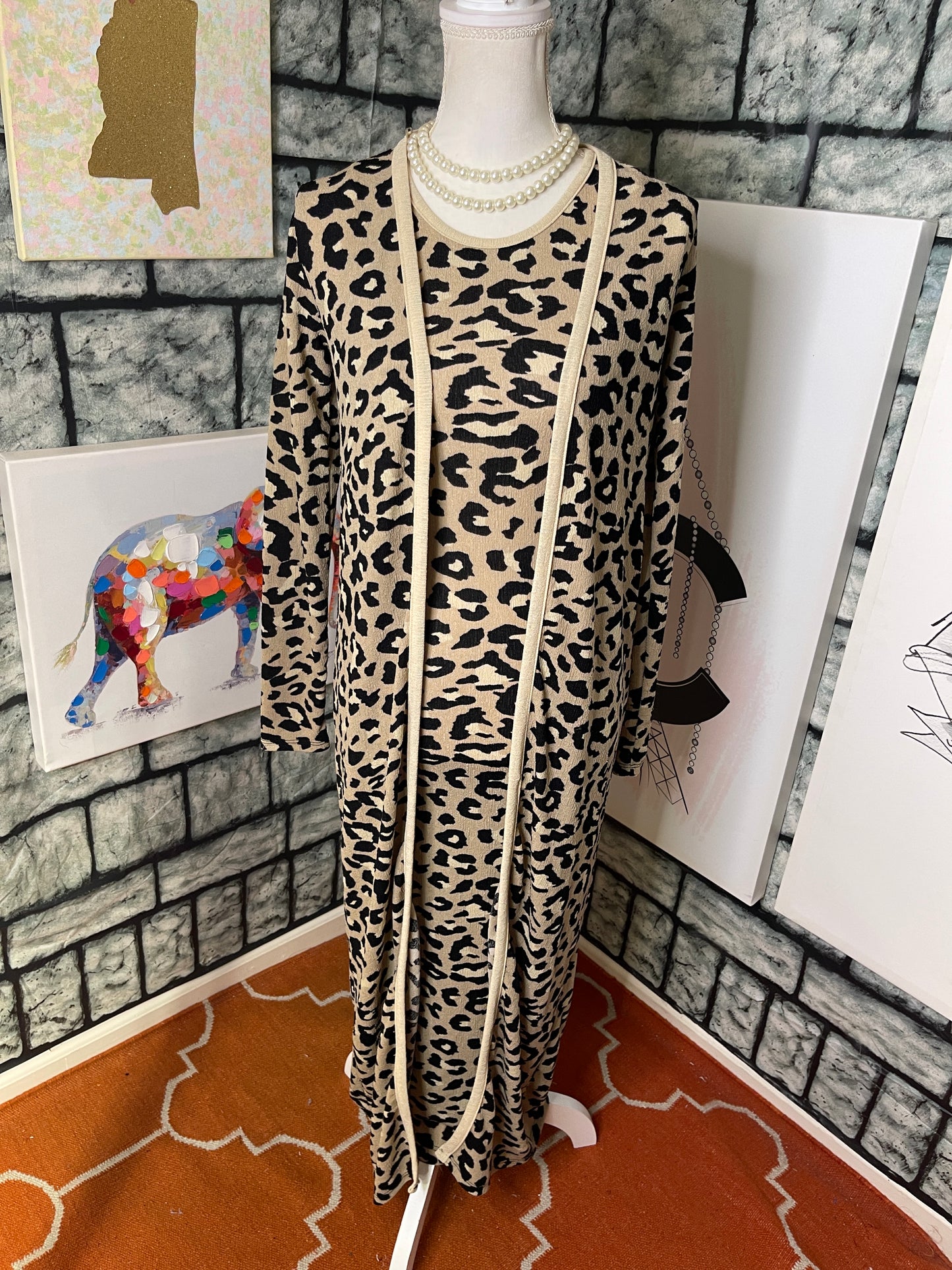 Good Time USA Tan Black Animal Print 2 Piece Dress / Cover Women sz Small
