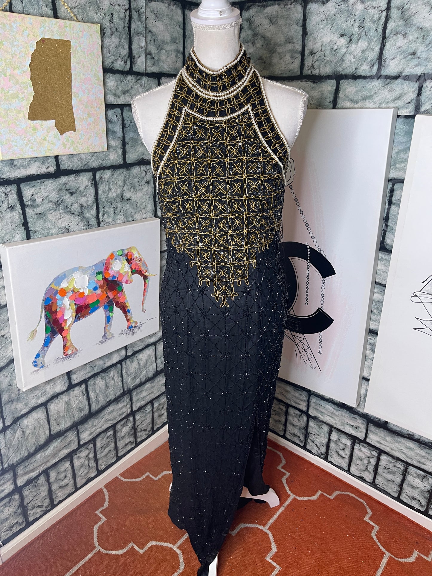 Papell Boutique Black Gold Bead Dress Women sz 8
