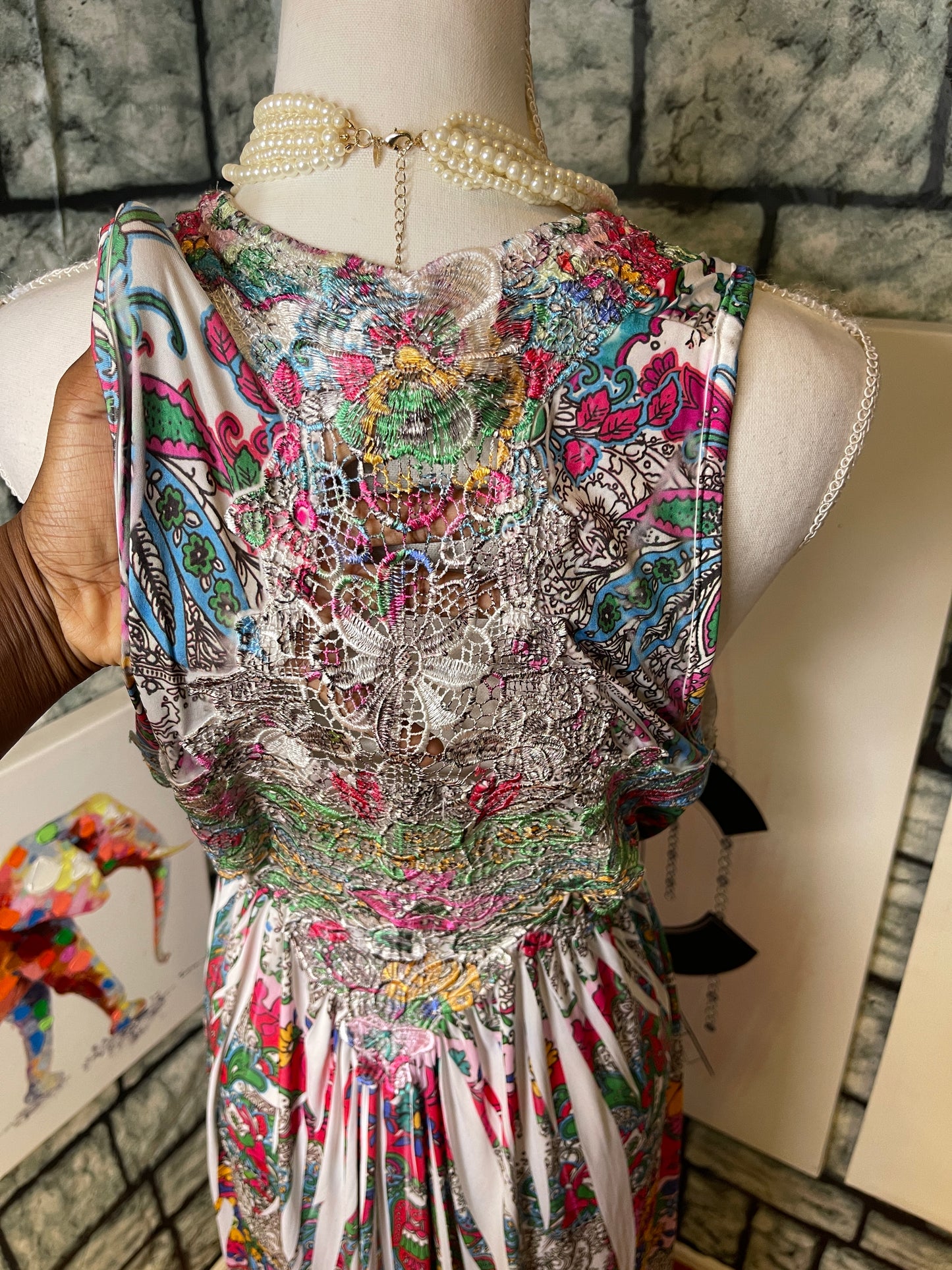 One World White Colorful Dress Women sz Large
