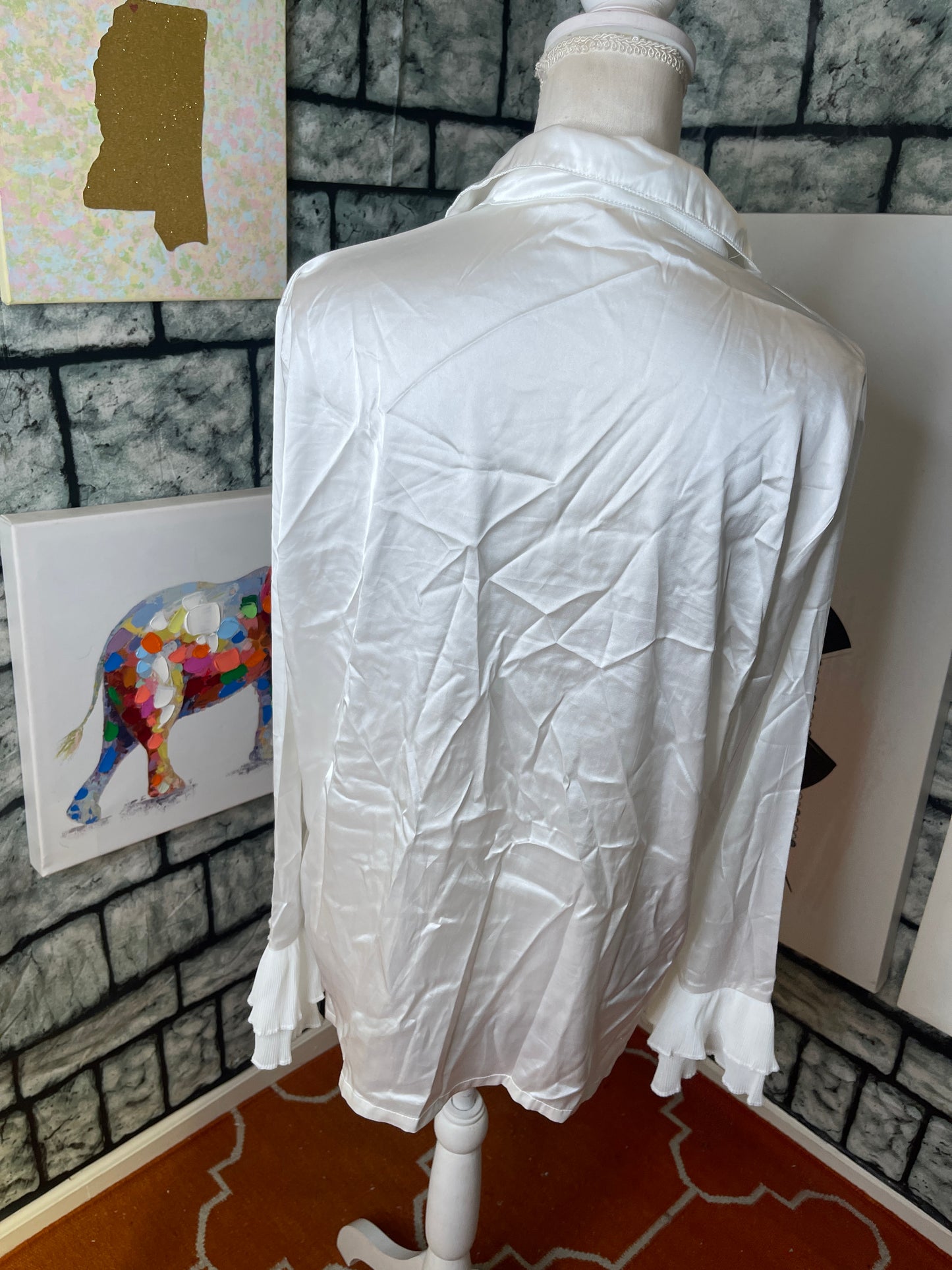White Silk Button Blouse Women sz Large