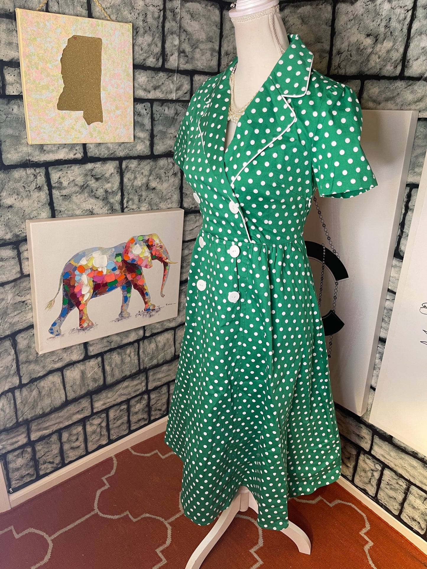 Green White Polka Dot Dress Women sz Medium
