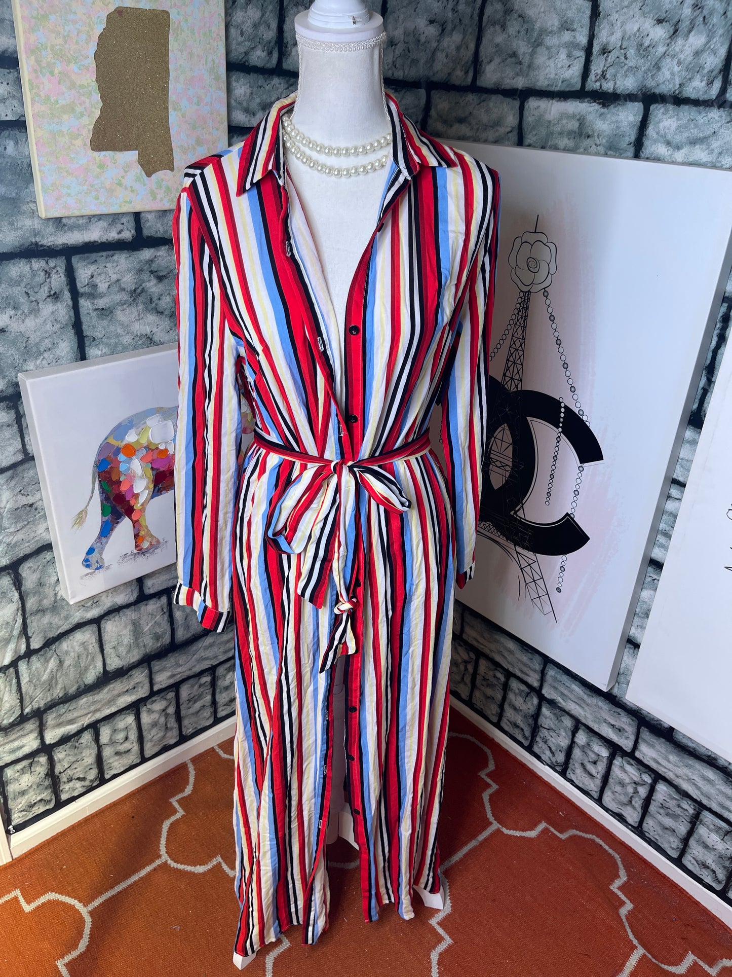 Shein Red Tan Colorful Dress Women sz Large