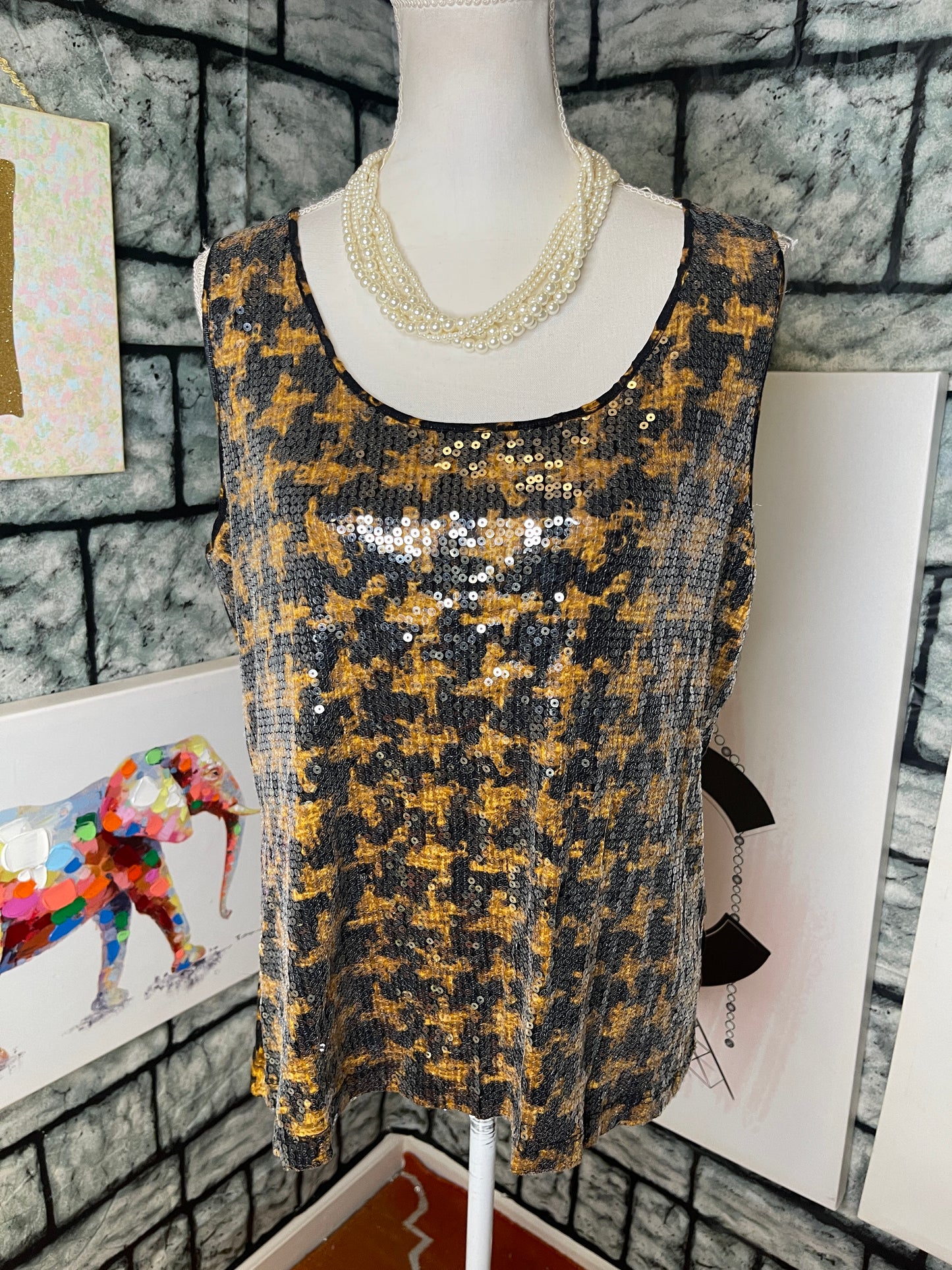 Ruby Rd. Brown Black Animal Print Sequin Blouse Women sz Large