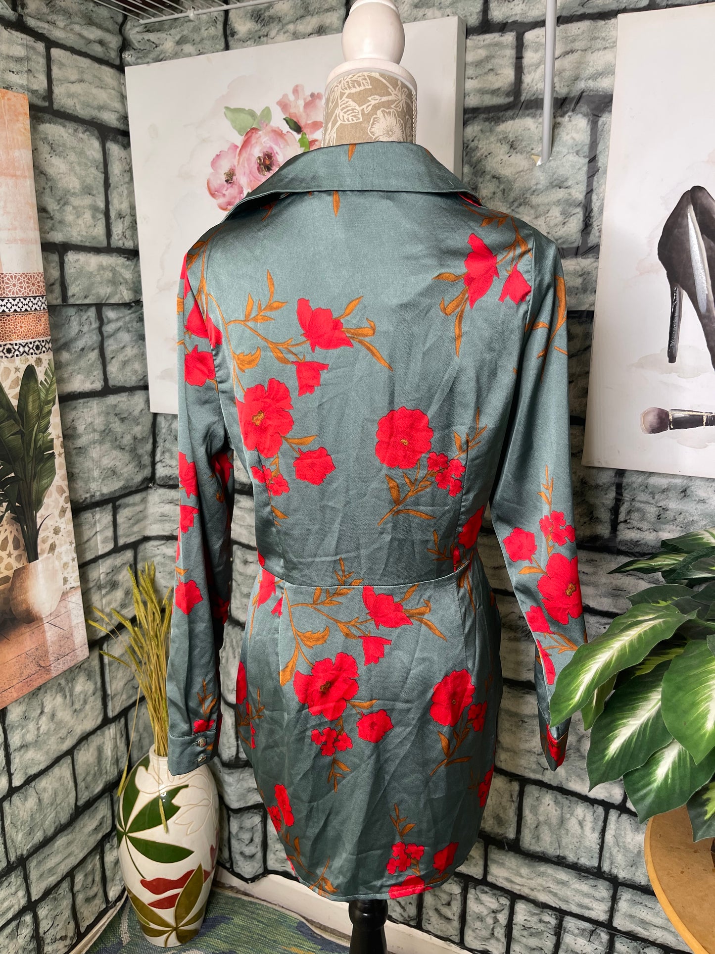 Parisian Green Red Floral Dress Women sz 8