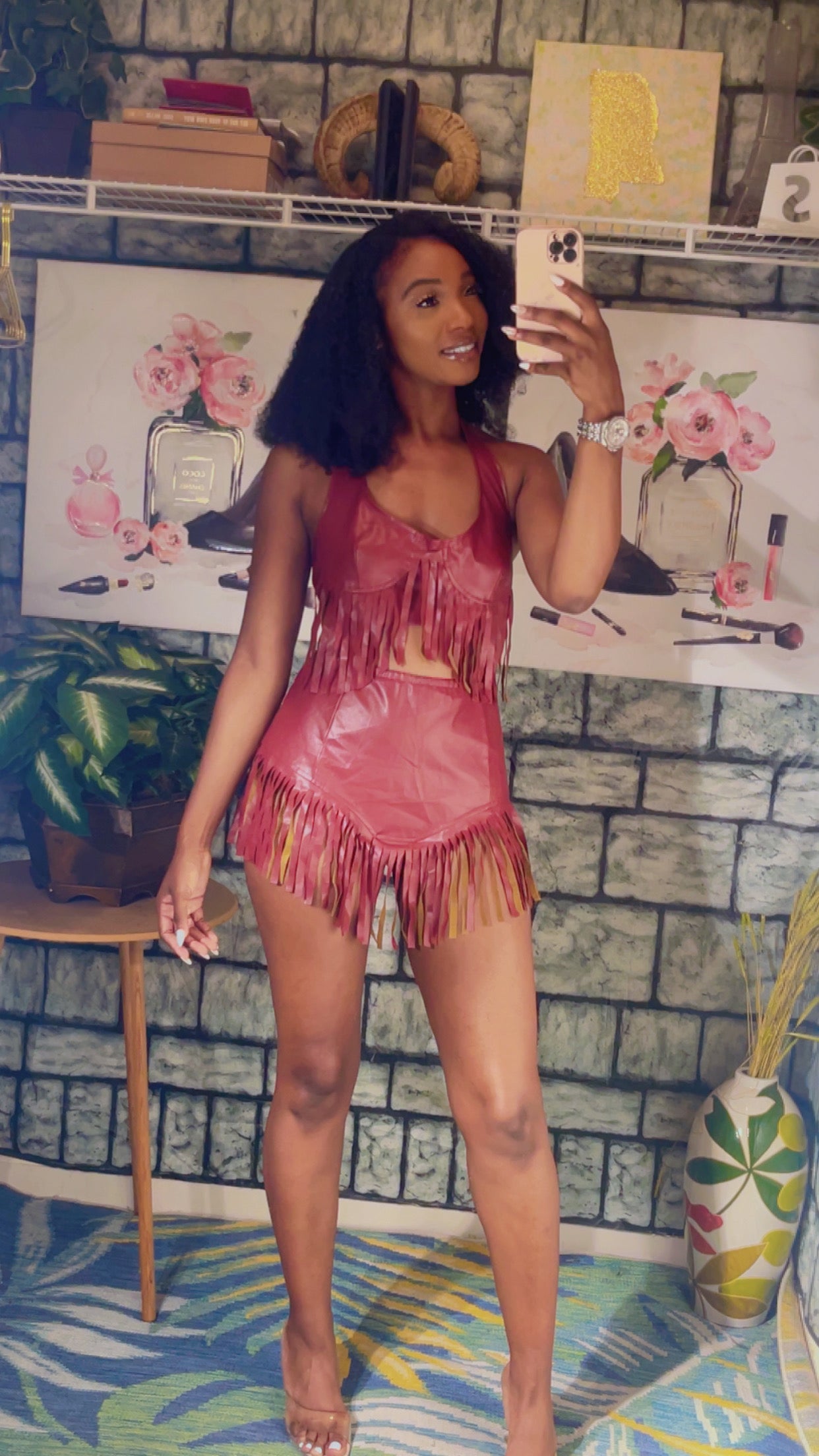 Burgundy Fringe Pants Set Women sz 2XL (can fit 1XL)