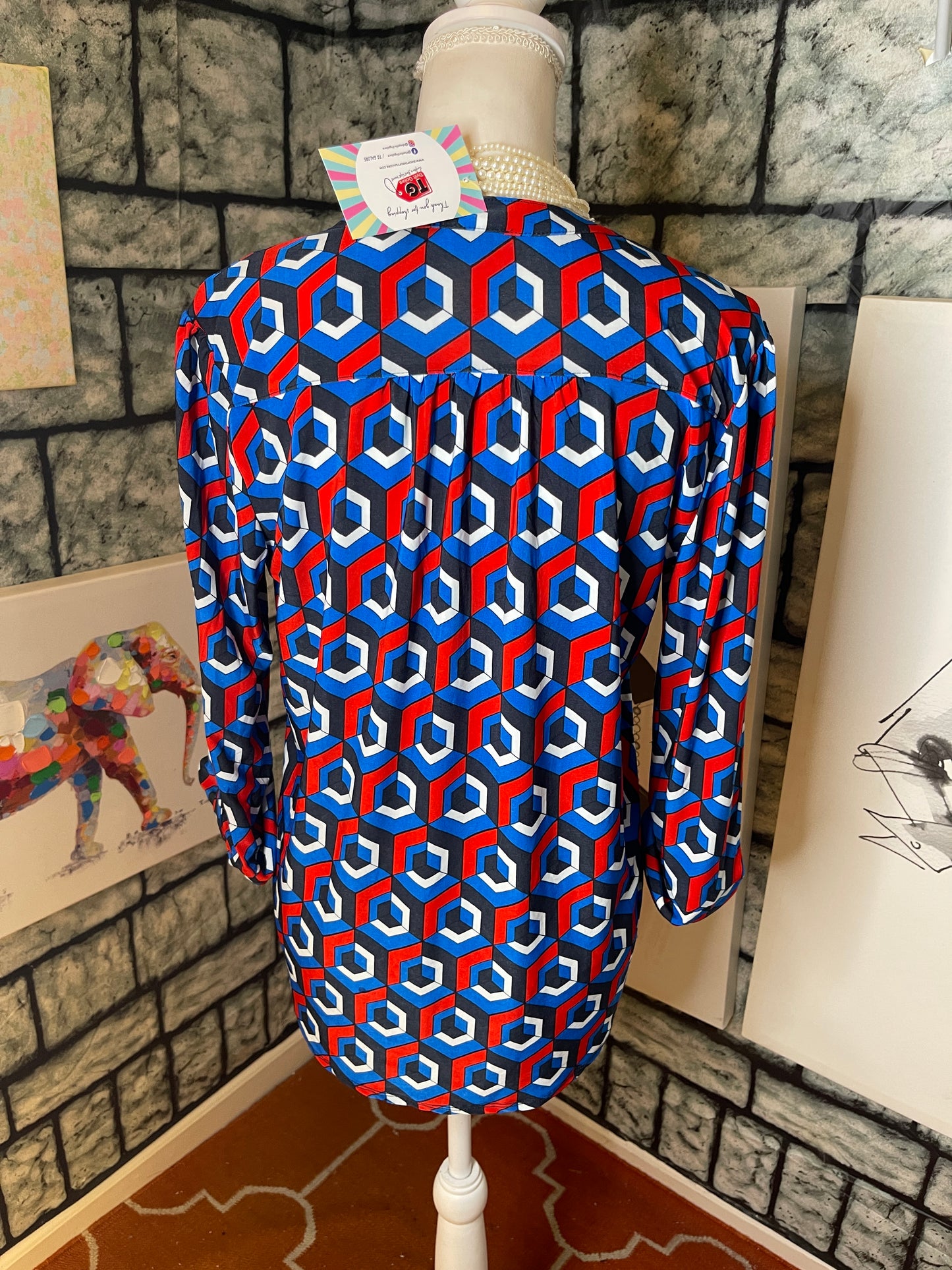 Cocomo Blue Red Black Whtie Blouse Women Sz Medium