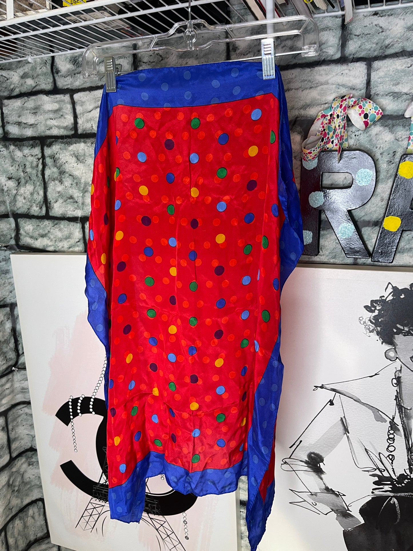 Red blue polka dot colorful scarf / wrap