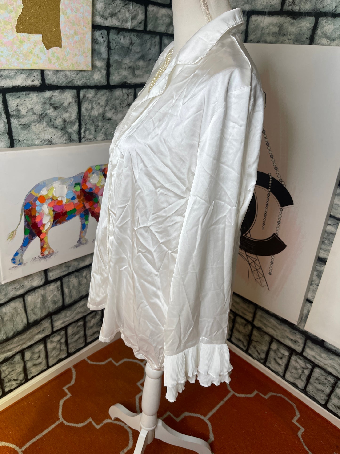 White Silk Button Blouse Women sz Large