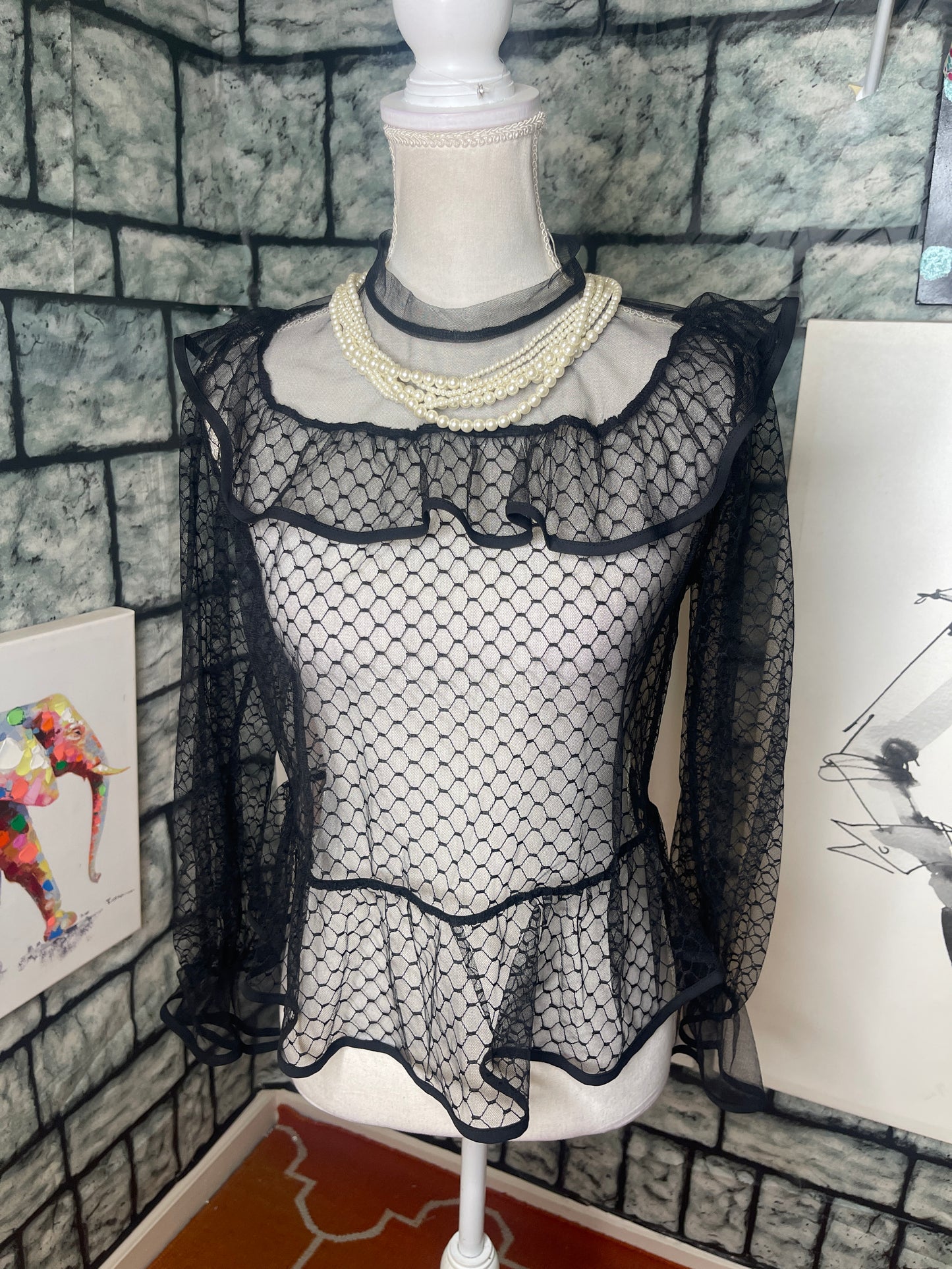 Black See Through Blouse Women sz Large