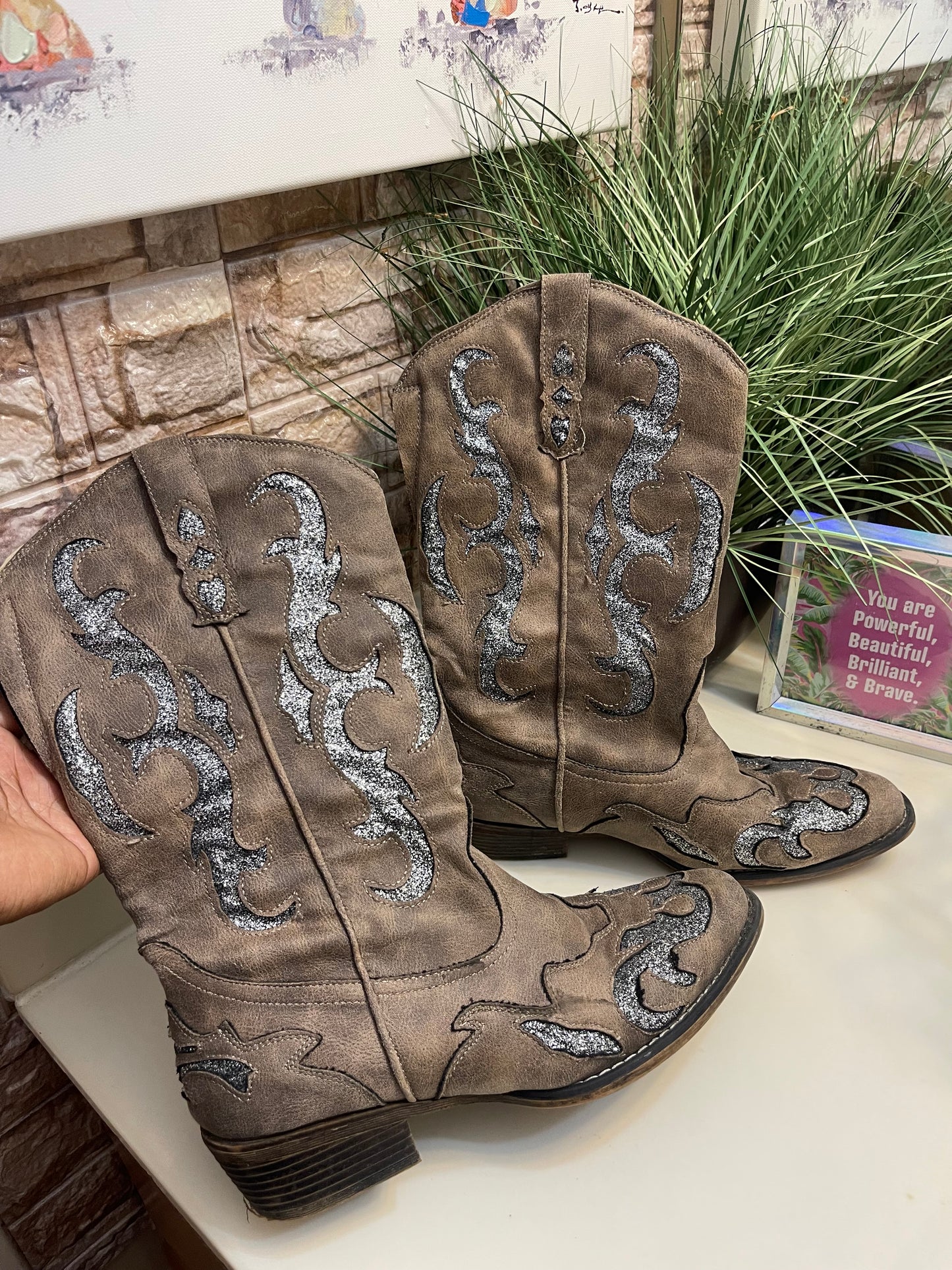 Jessica cline Brown Silver Cowgirl Boots Women sz 9.5