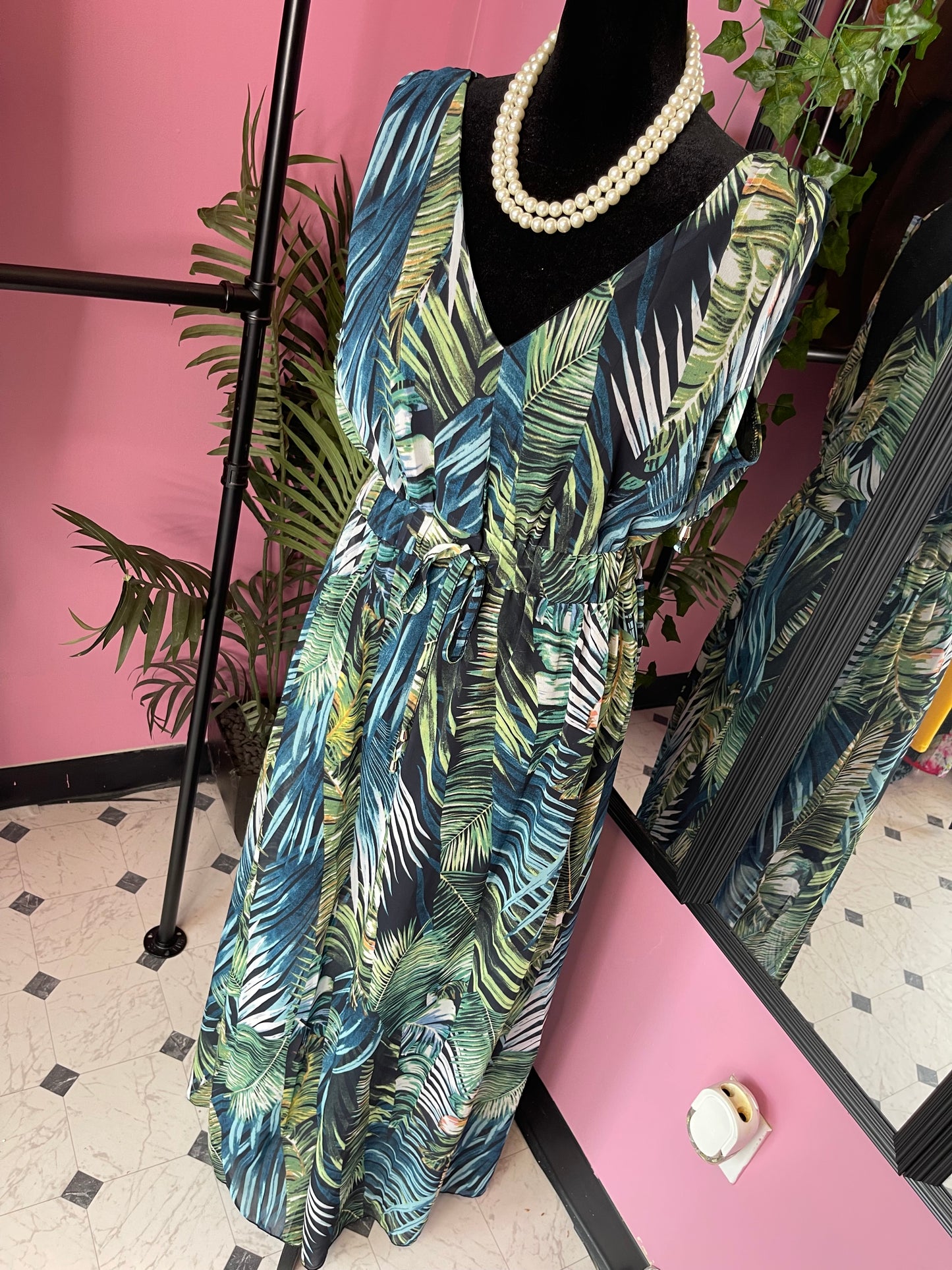 Blue Green Tropical Dress Women sz Large