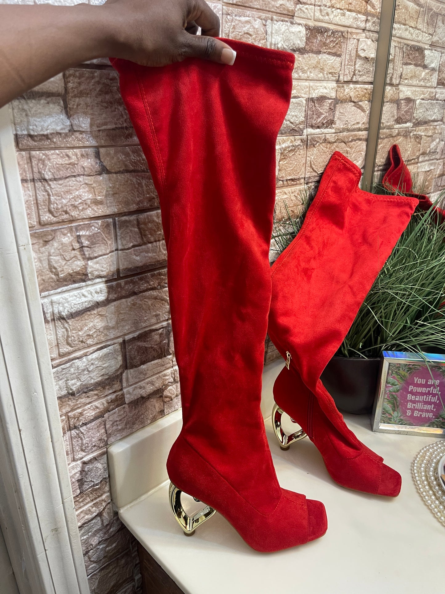 Yoki Red Tall Heart Heels Women sz 7