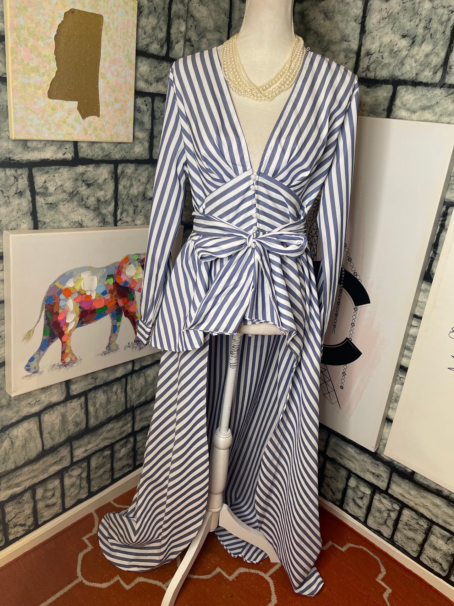 Blue white high low blouse women sz xl