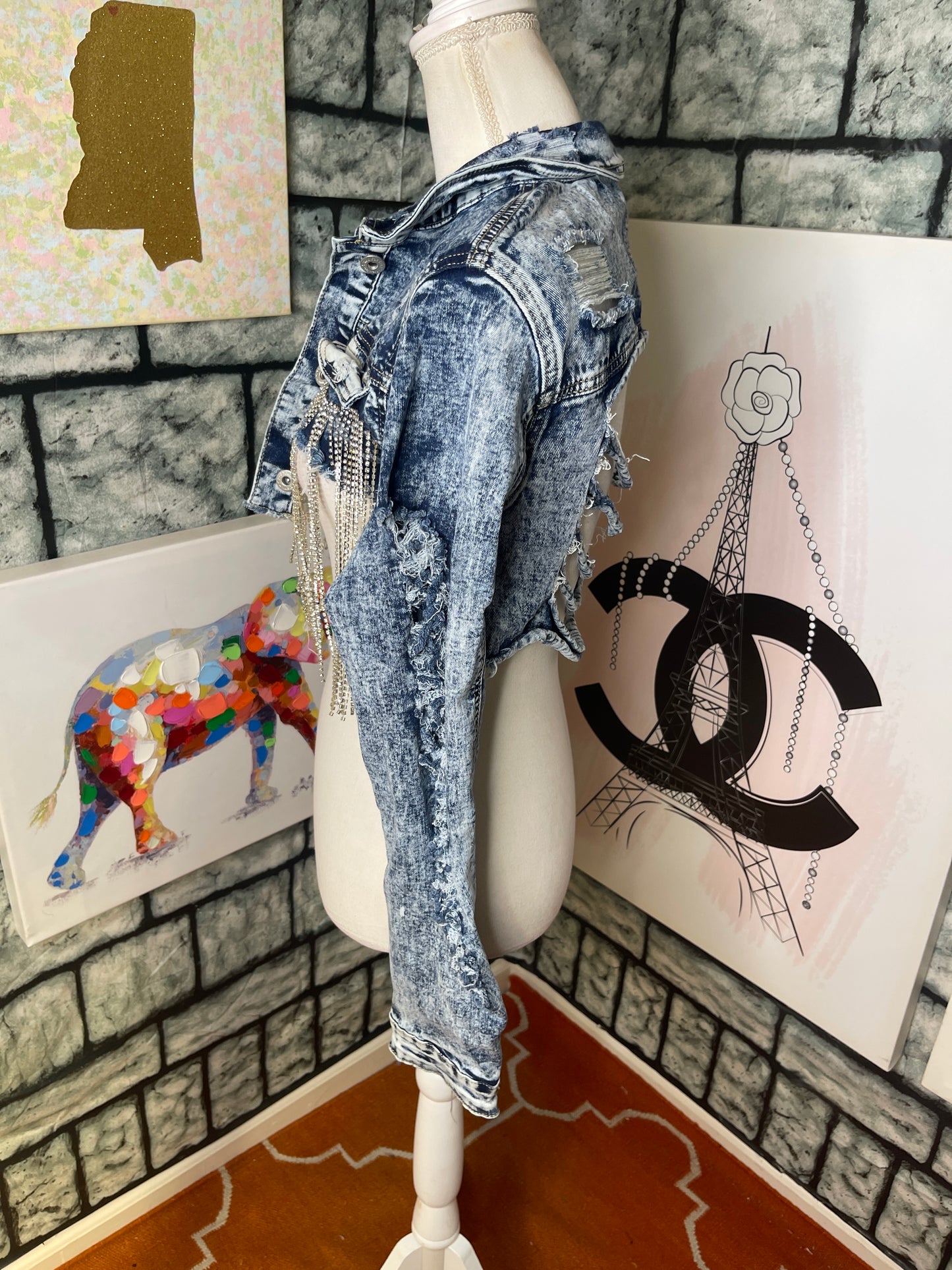 RedFox Blue Denim Fringe Rhinestone Jacket Women sz Large