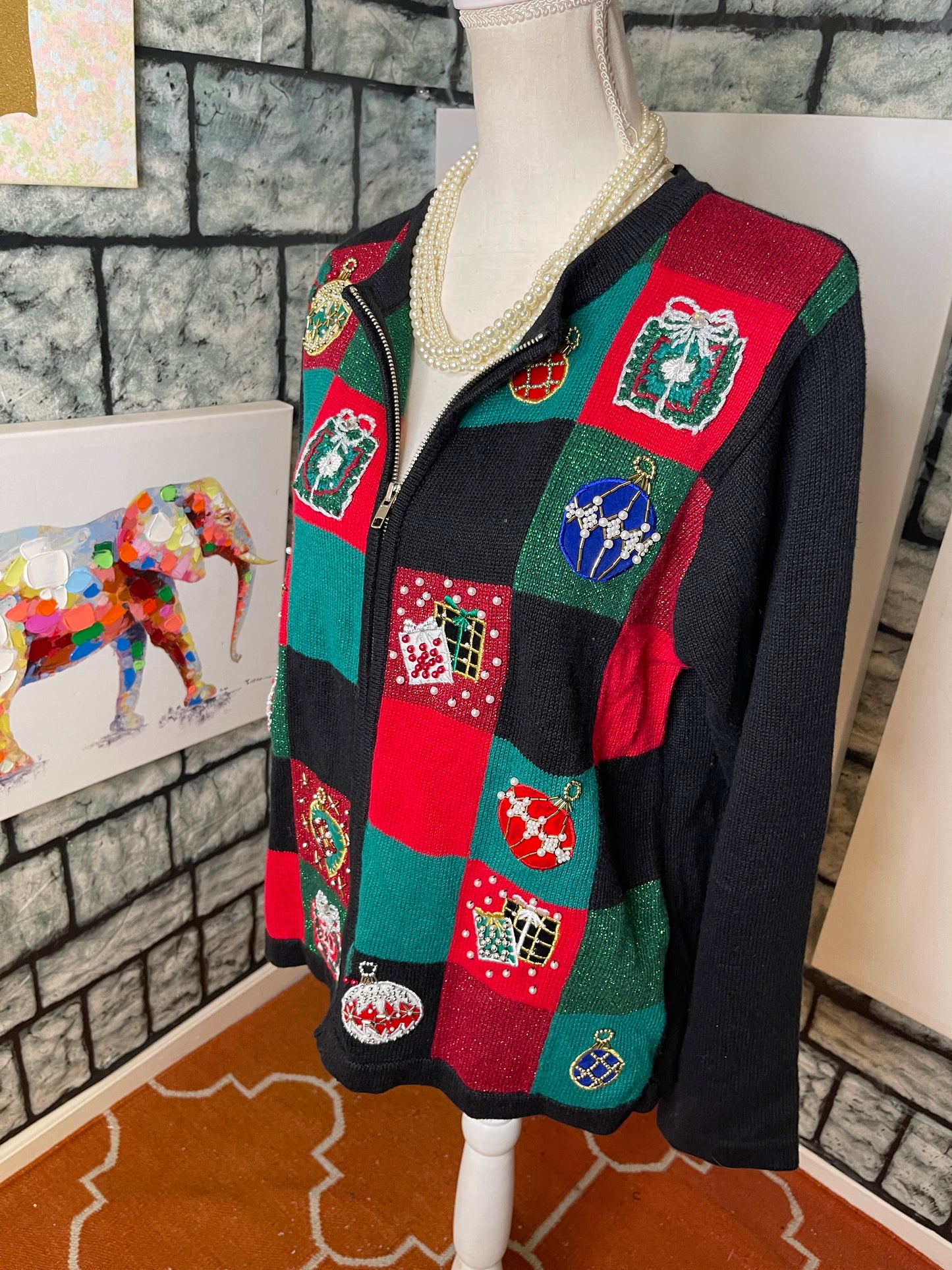 Victoria Jones Black Red Green and Blue Christmas Zip Up Sweater Women Sz Medium