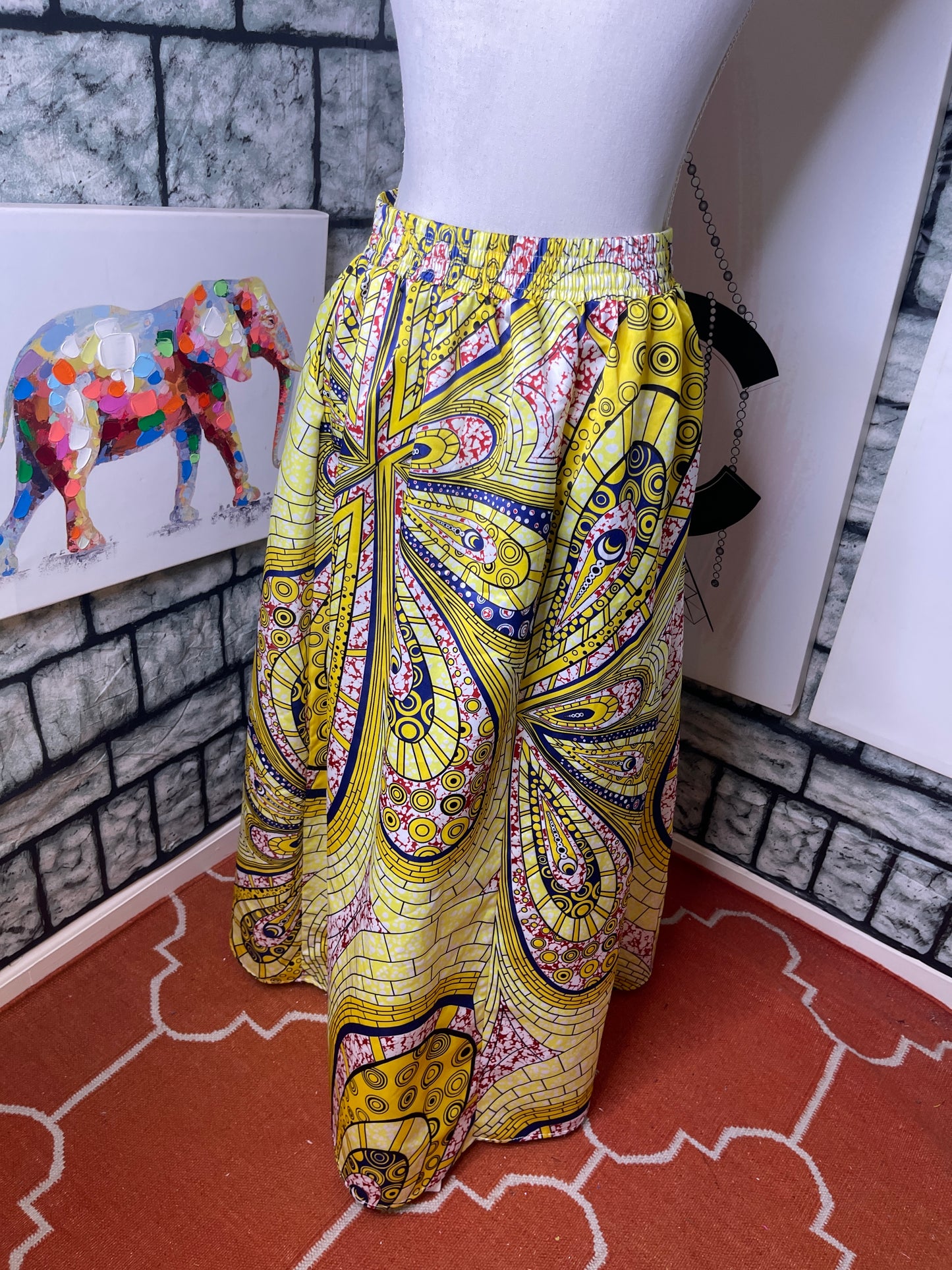 Yellow Blue Print Skirt Women sz Medium