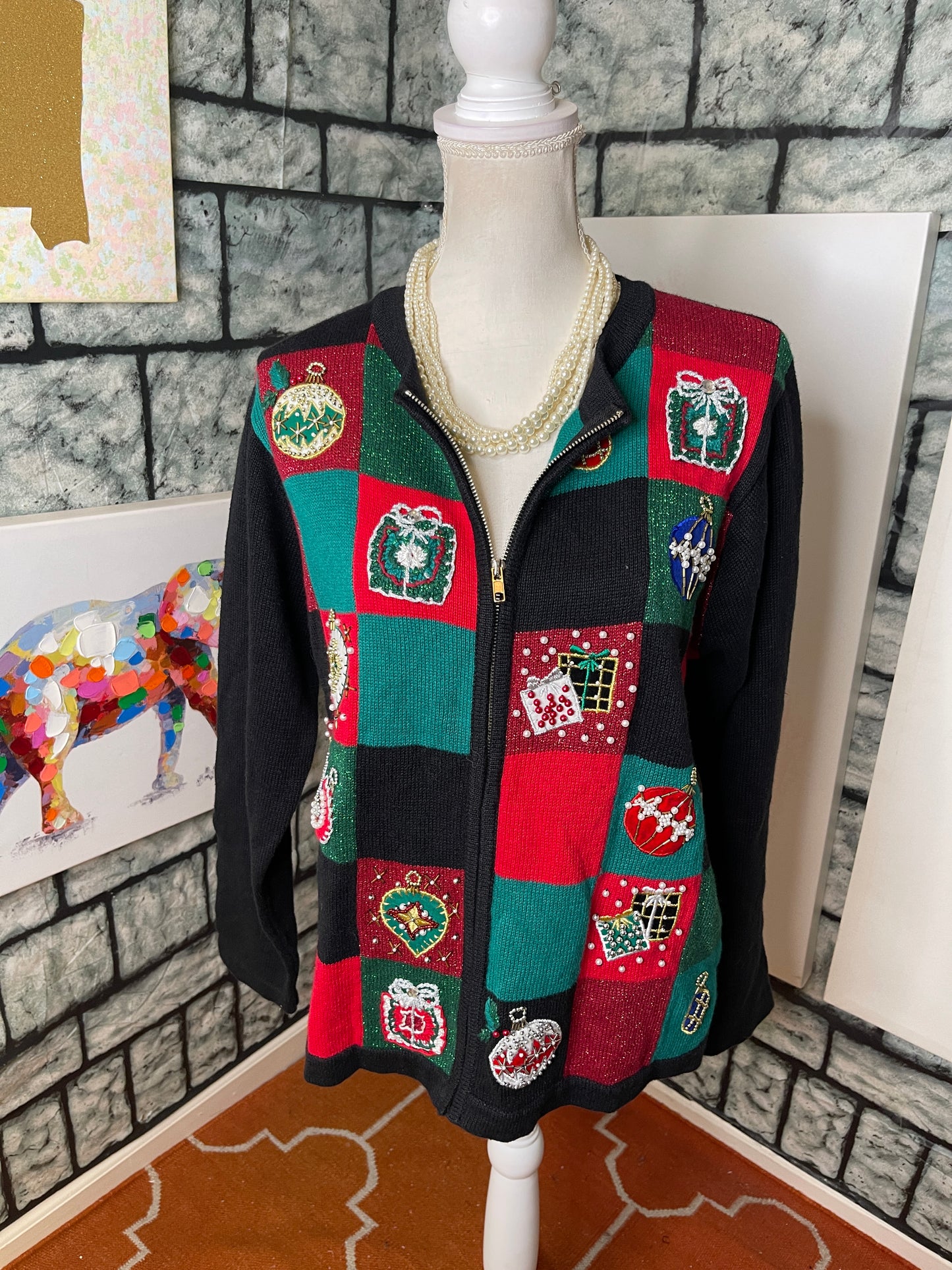 Victoria Jones Black Red Green and Blue Christmas Zip Up Sweater Women Sz Medium
