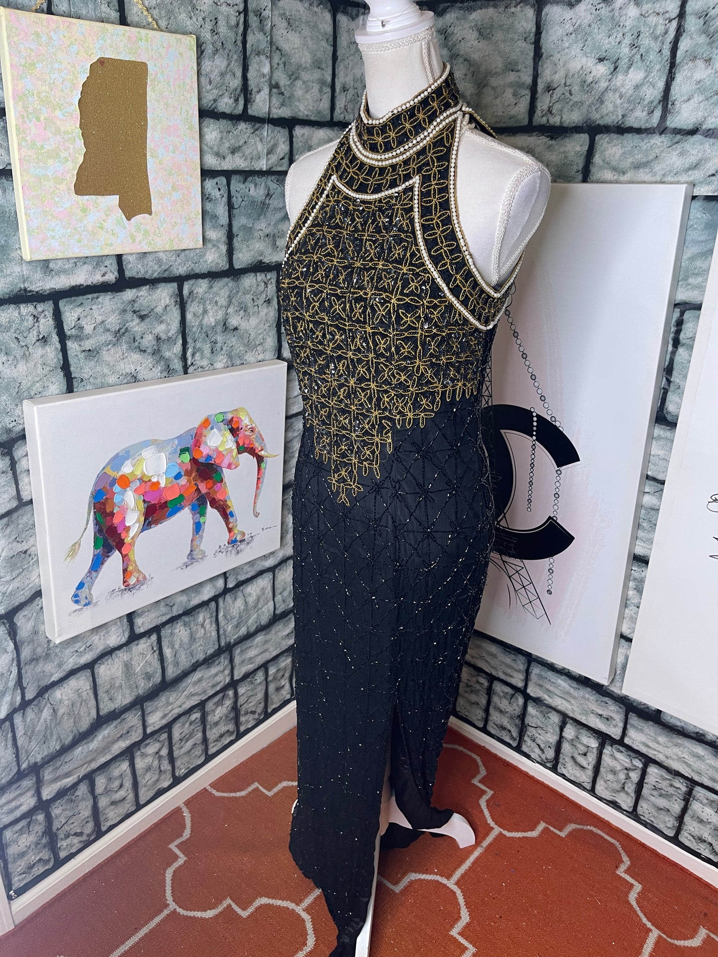 Papell Boutique Black Gold Bead Dress Women sz 8