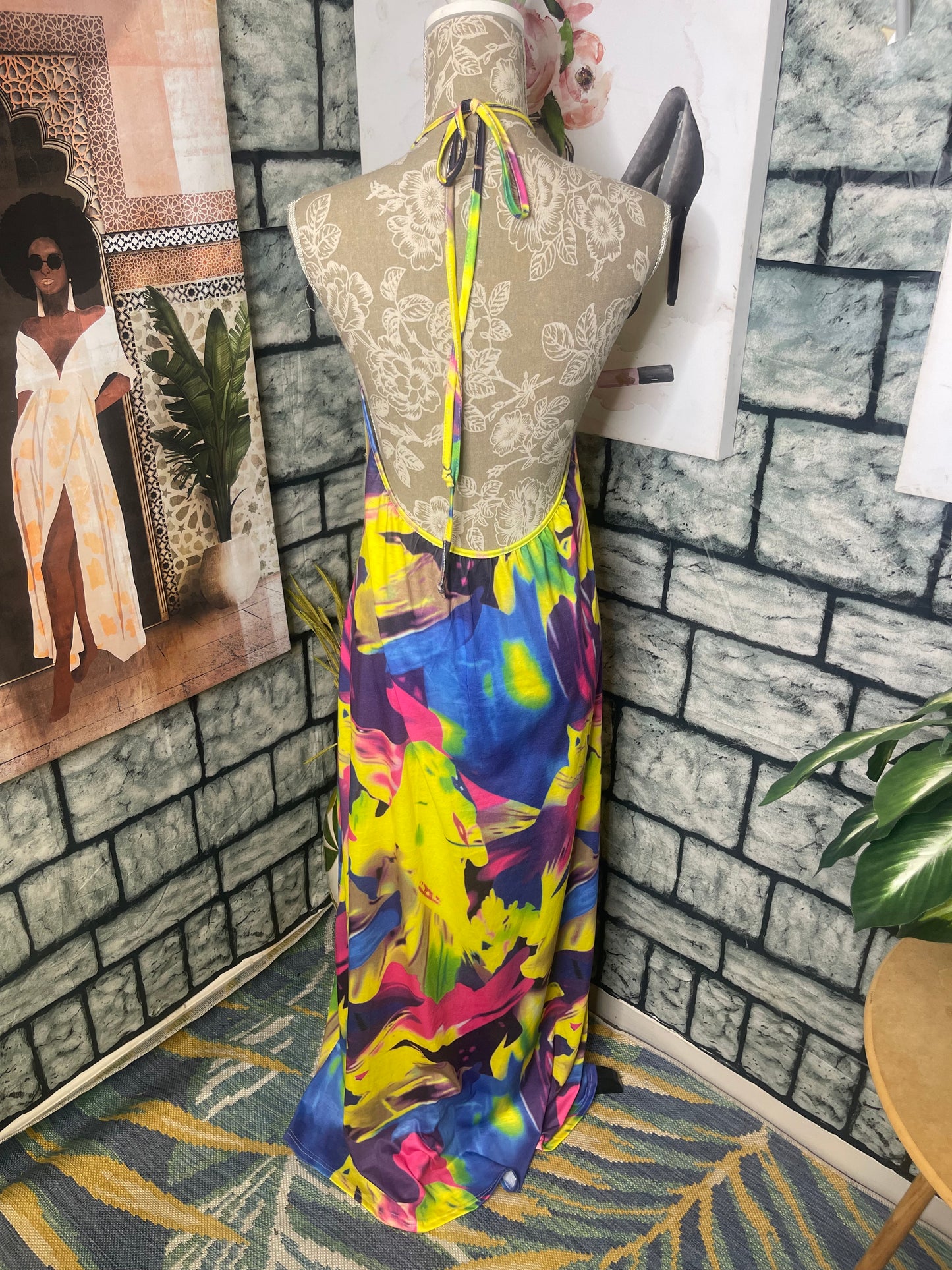 Yellow Colorful Dress Women sz XL