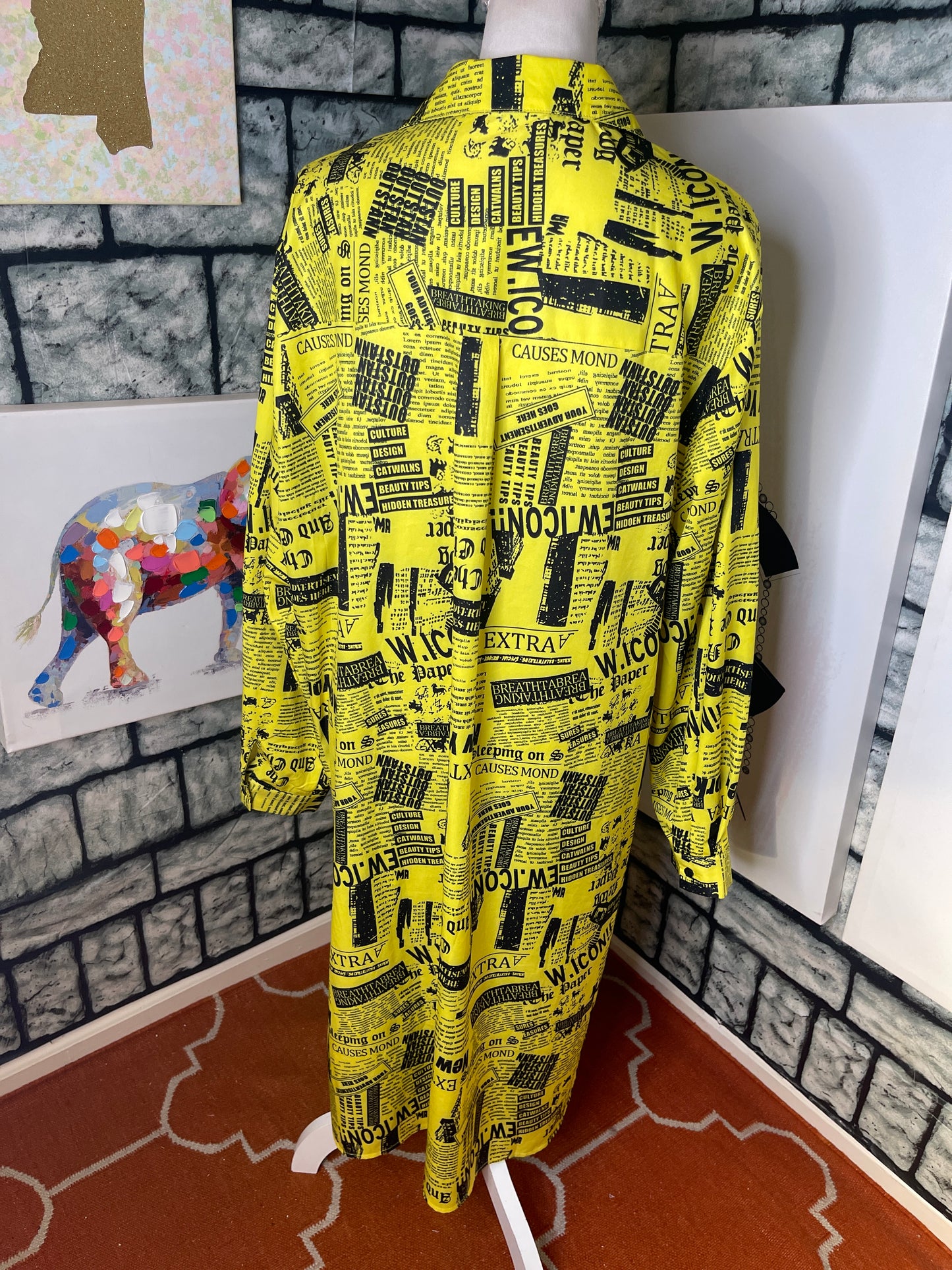 WoWo Yellow Black Button Print Dress Women sz 3XL