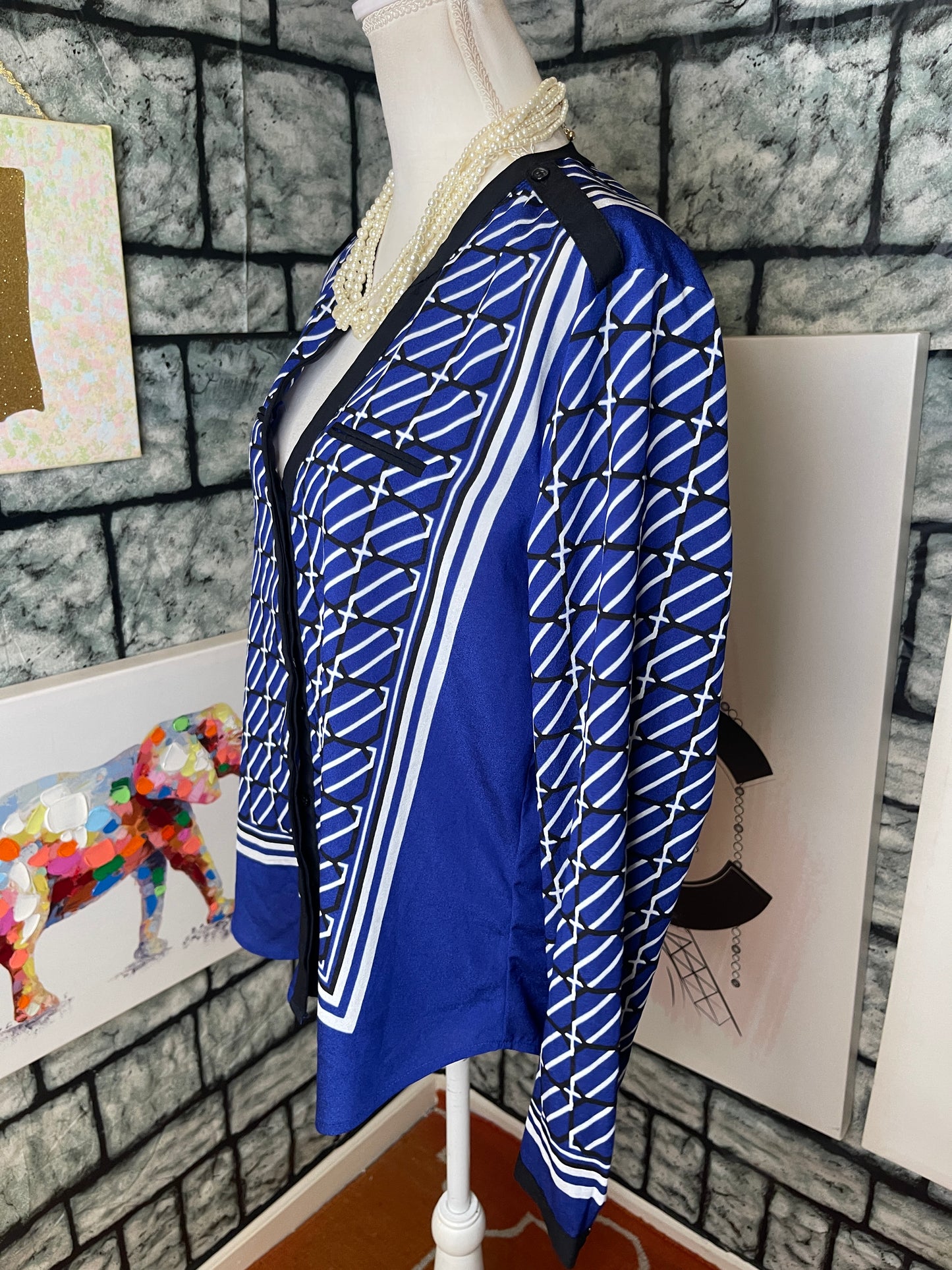 New York & Co Blue White Blouse Women sz Large