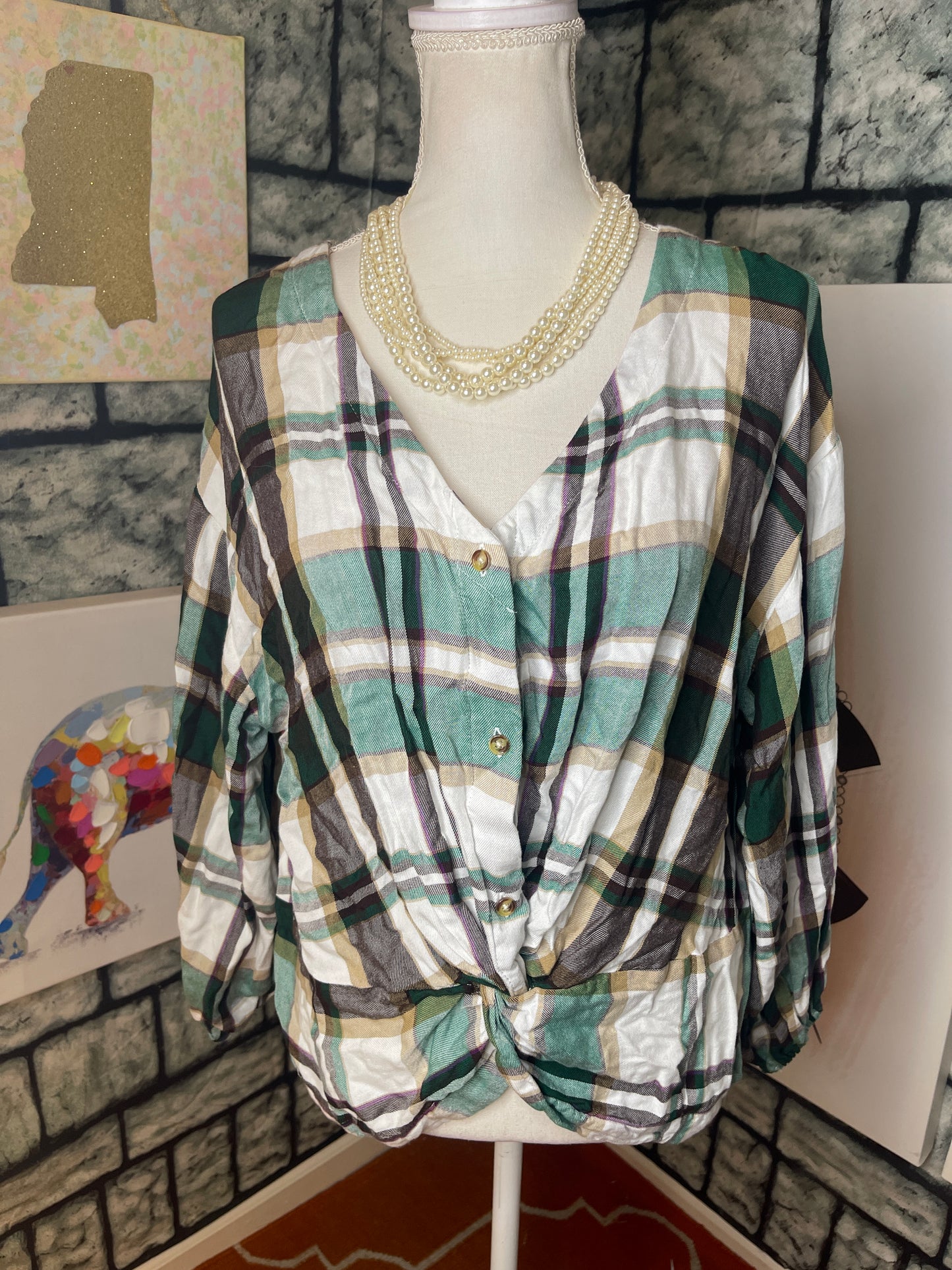 Est 1946 Brown Green Blouse Women sz Medium