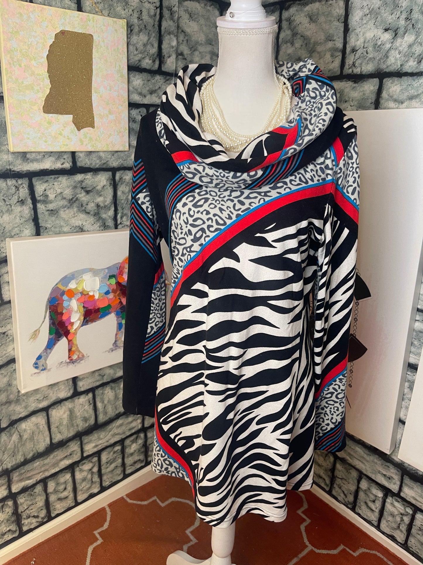 Shana K Black Red White Animal Print Shirt Dress Women sz Large
