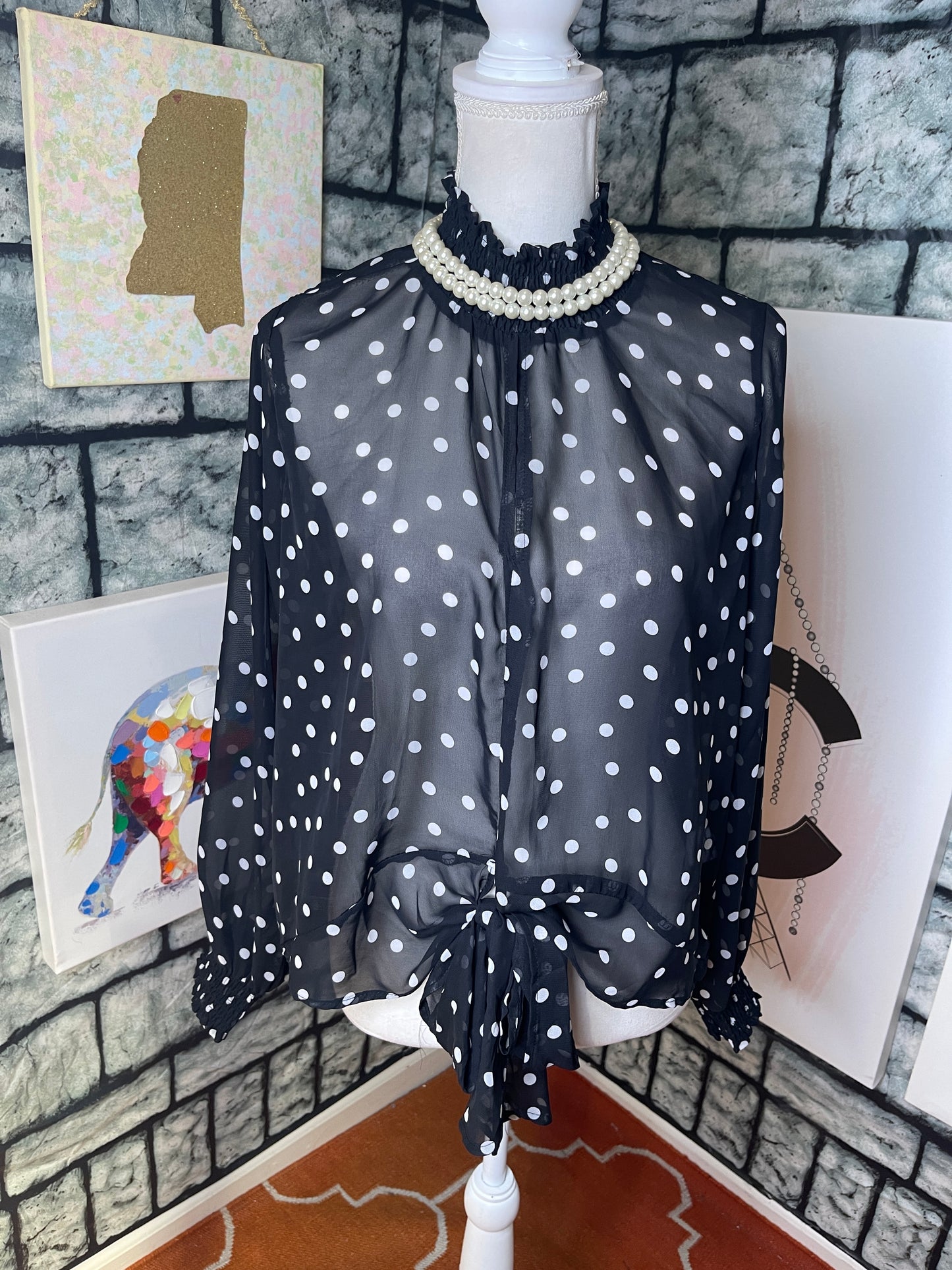 Miss Lili Black White Polka Dot Blouse Women sz Large
