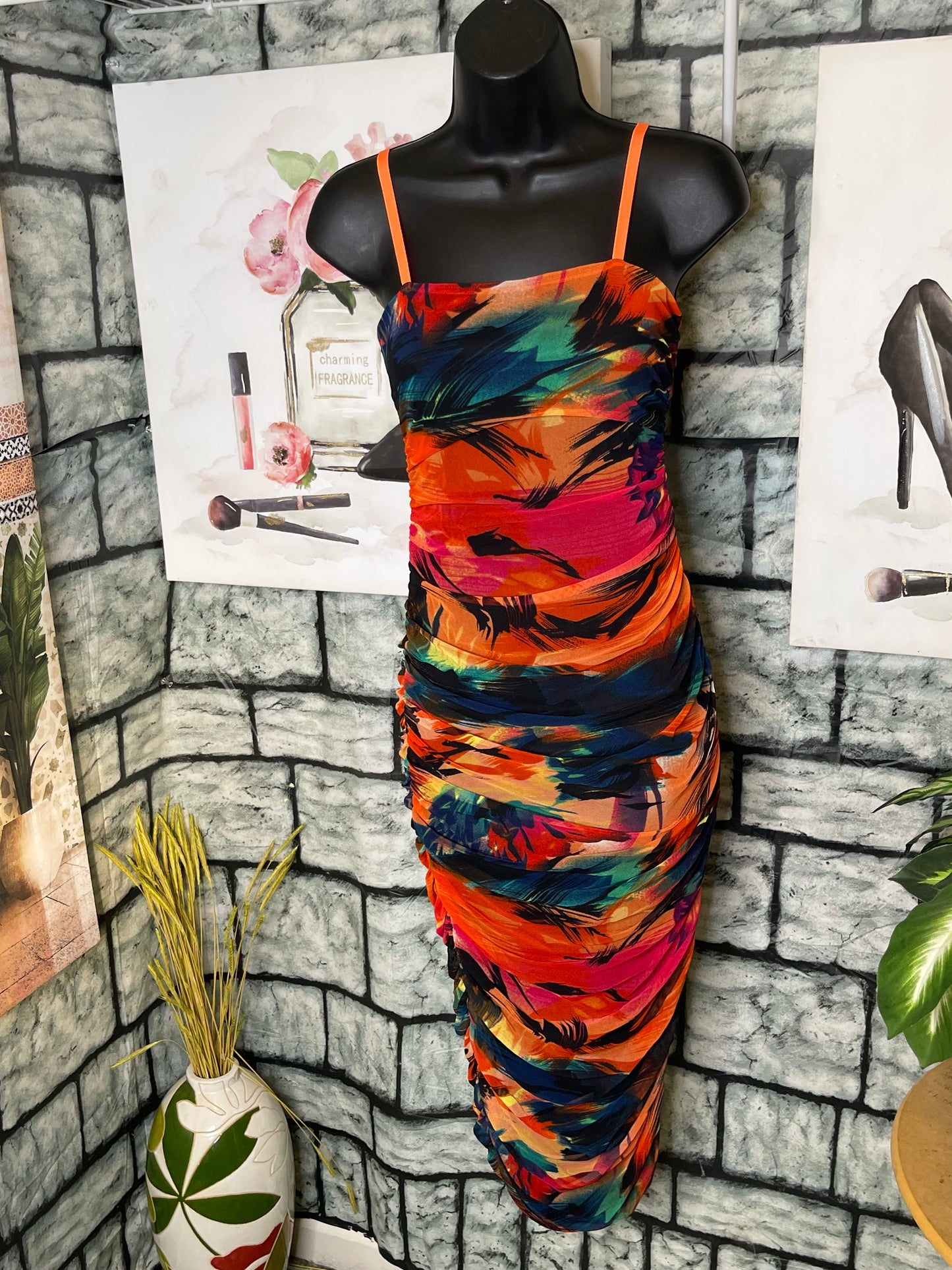Fashion Nova Orange Black Dress Women sz Medium