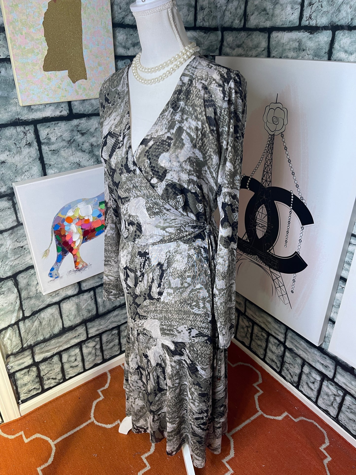 White House Black Market Green Gray Dress Women sz 14