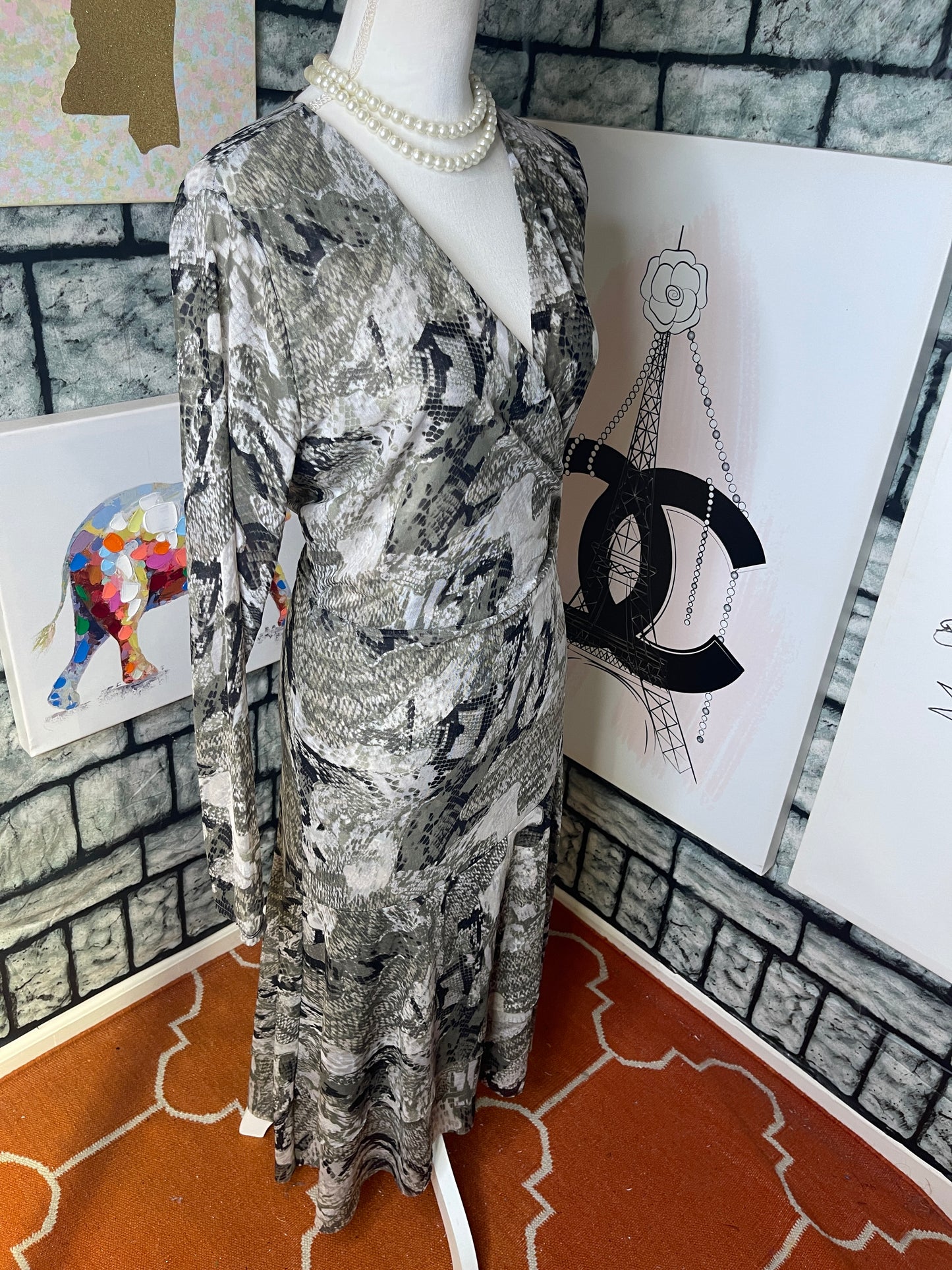 White House Black Market Green Gray Dress Women sz 14