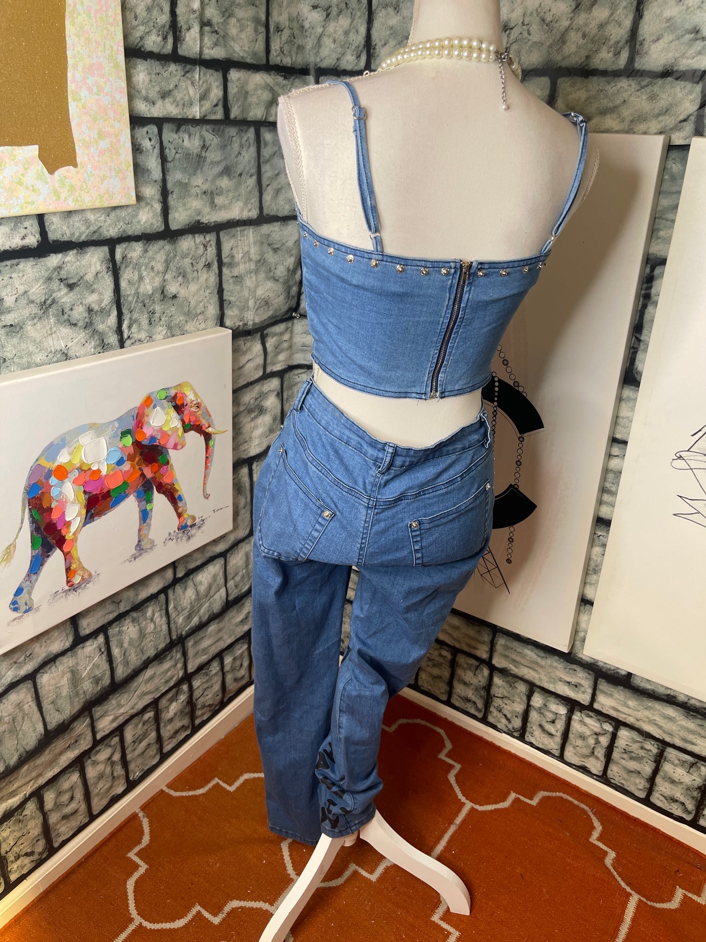 Latiste 2 piece blue jeans pants set women sz medium